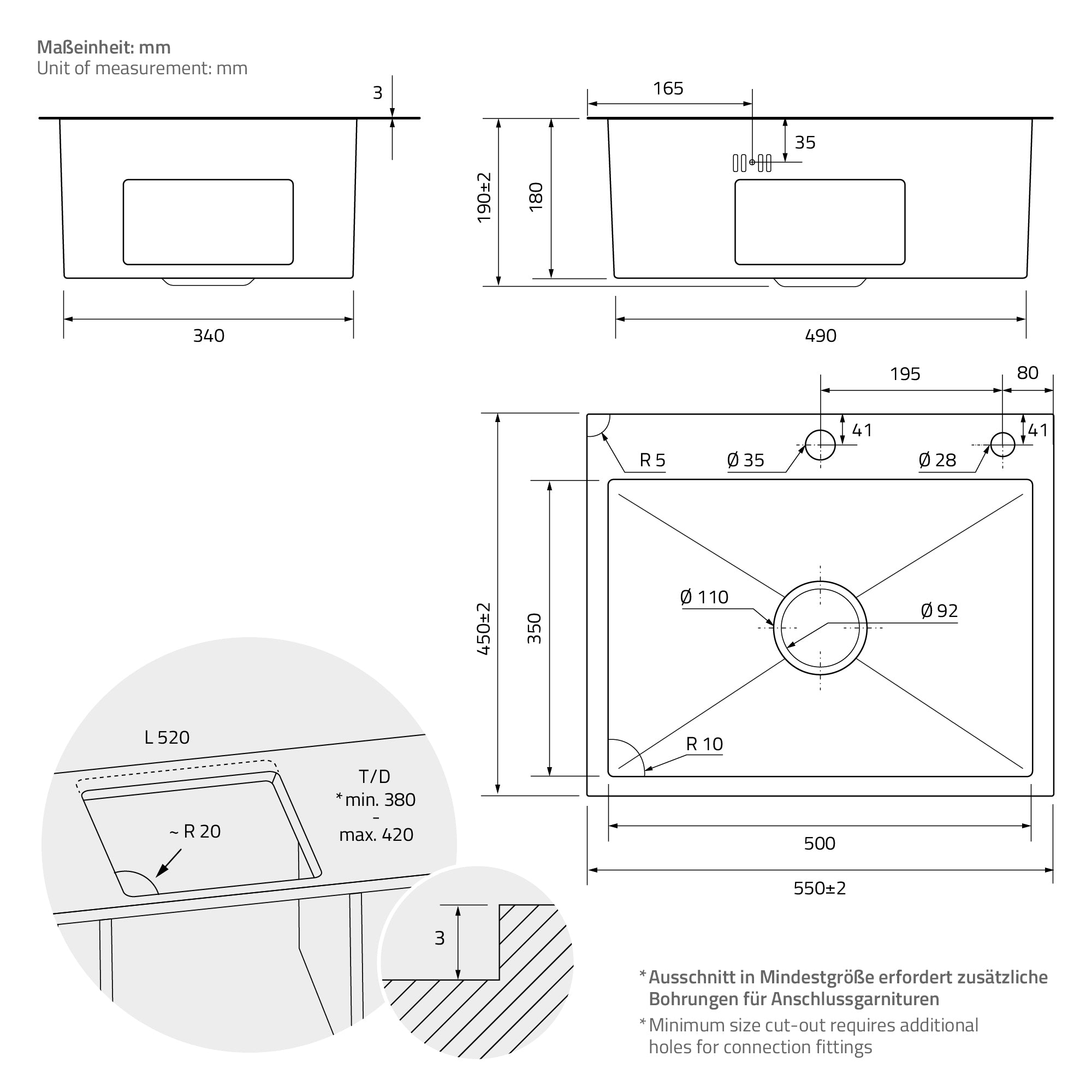 ECD Germany Évier Cuisine Inox Argent 55x45 +Siphon +Savon