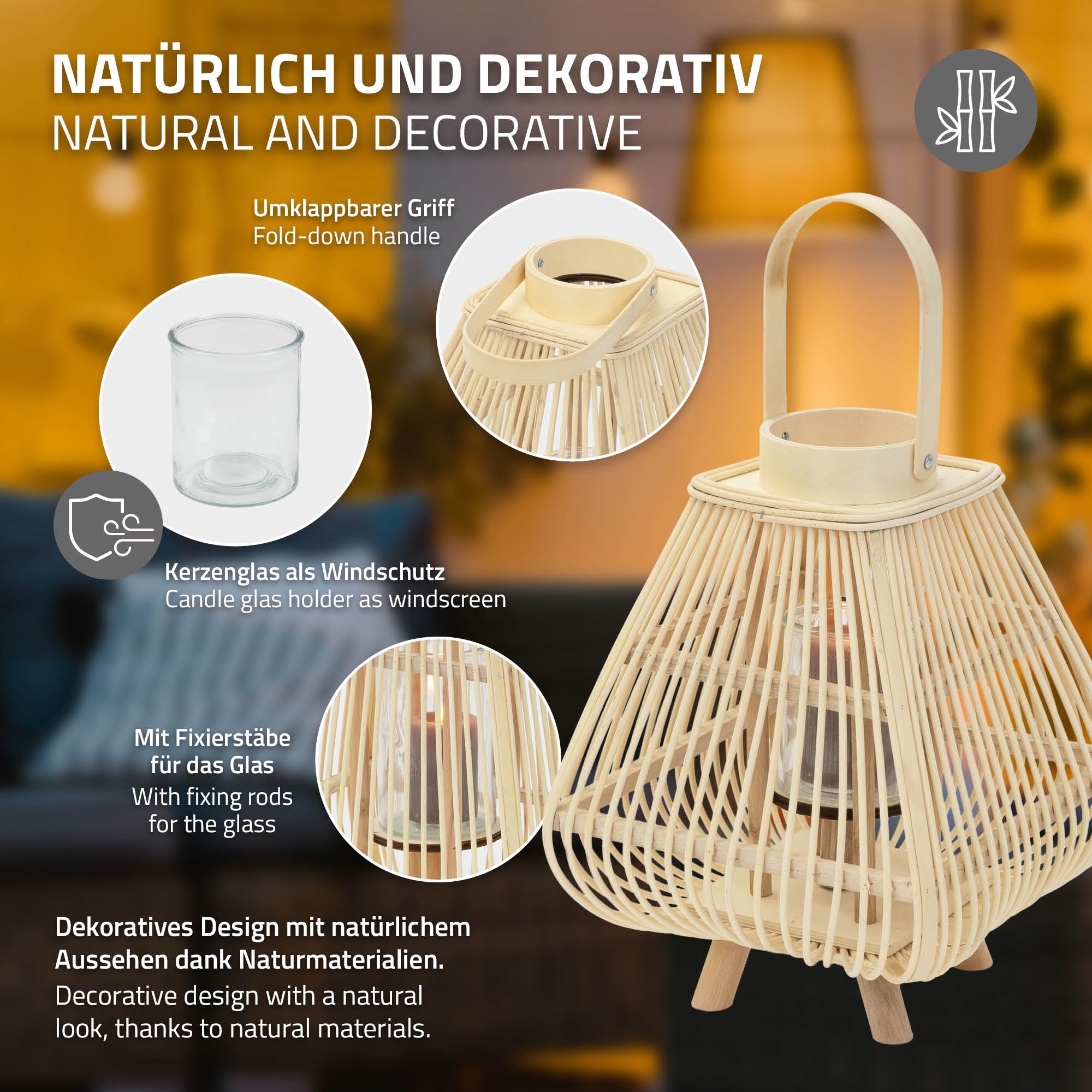 ECD Germany Garten lanterne bambou 45,5 cm photophore verre
