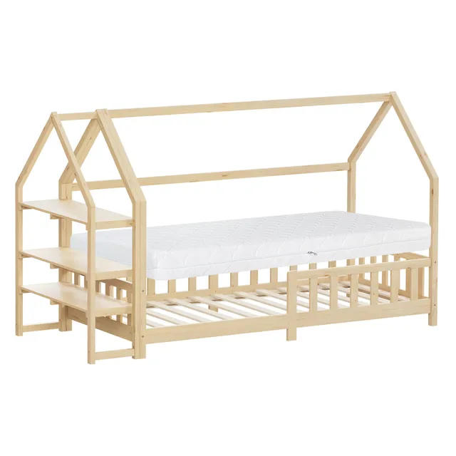 ECD Germany Kinder lit cabane 90x200 pin naturel avec matelas 16cm