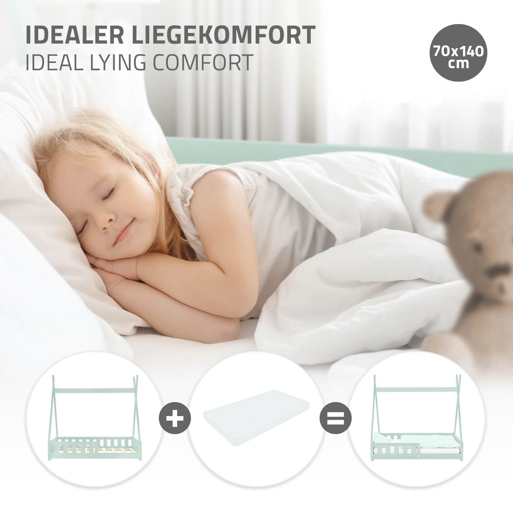 ECD Germany Kinder Lit cabane tipi pin menthe 70x140 cm + sommier