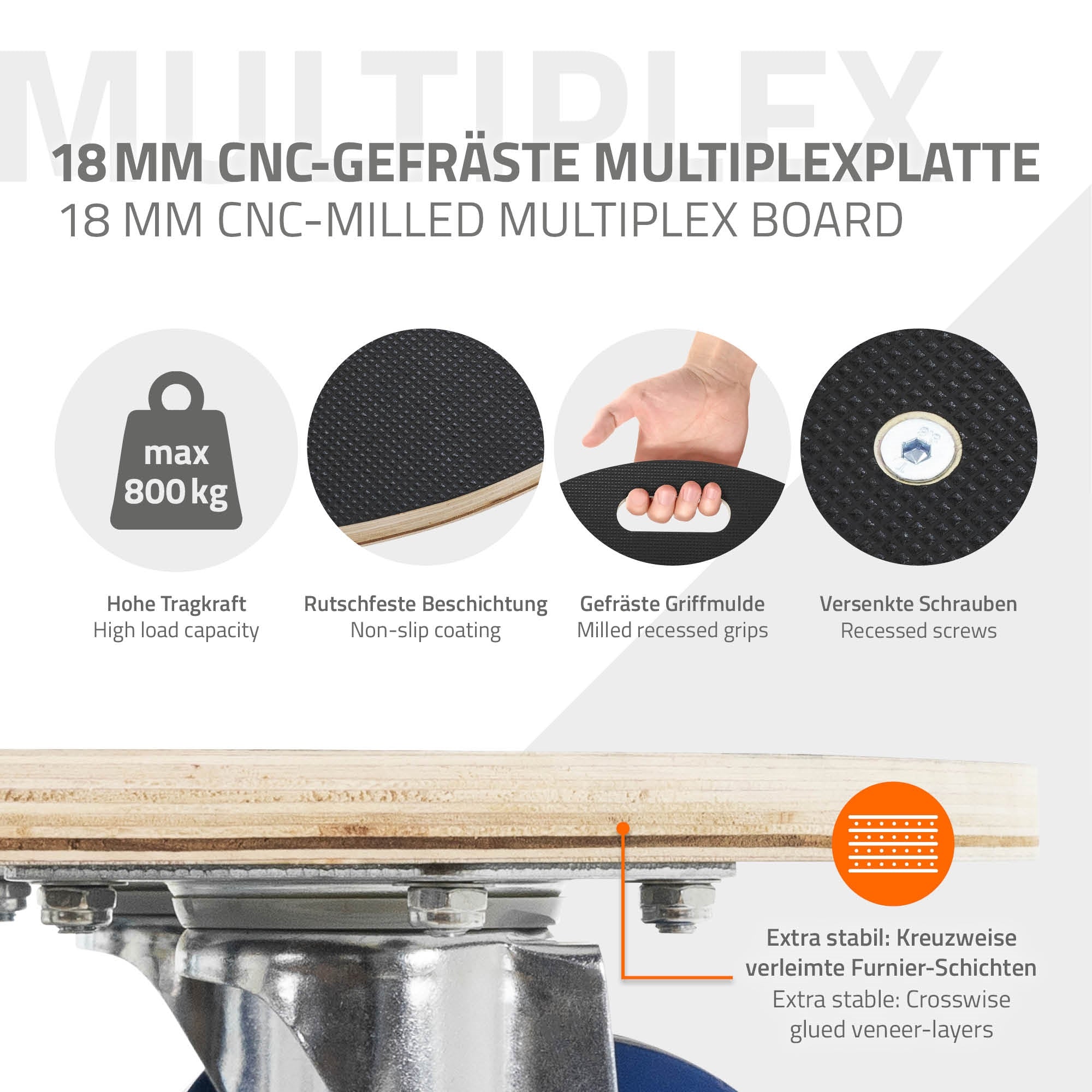 ECD Germany Plateau roulant rond 77 cm multiplex 800 kg freins