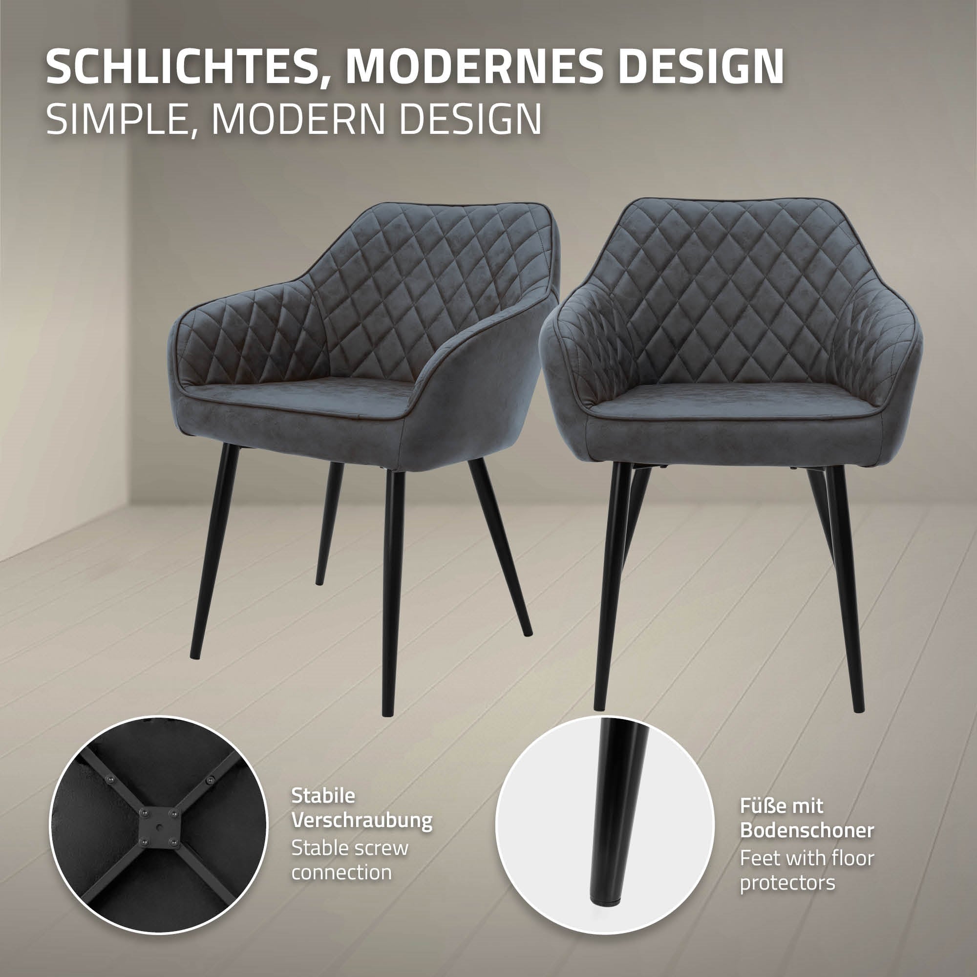 ECD Germany Möbel chaise cuisine anthracite simili lot 4 capitonnée