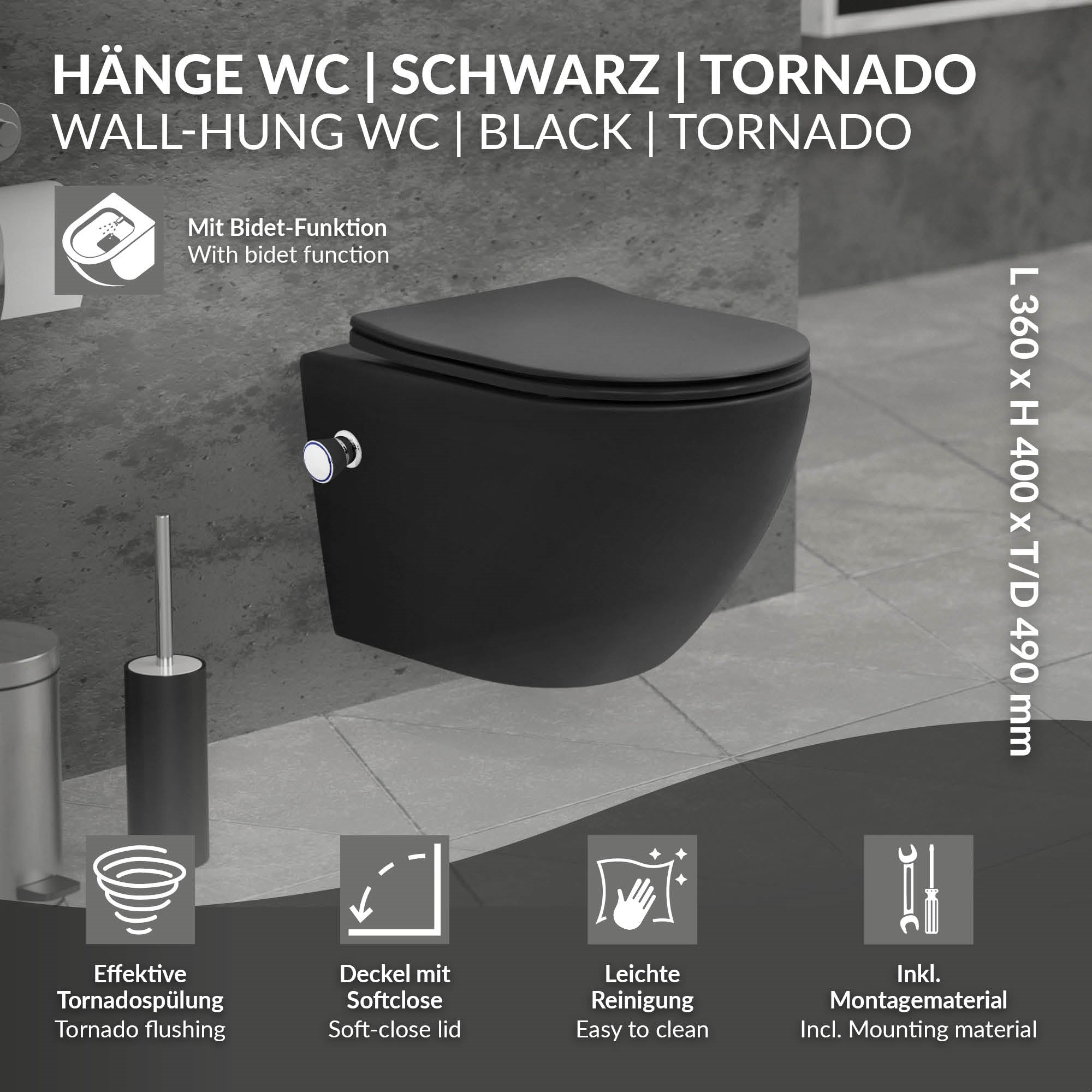ECD Germany Sanitär WC suspendu noir mat 49cm sans bride