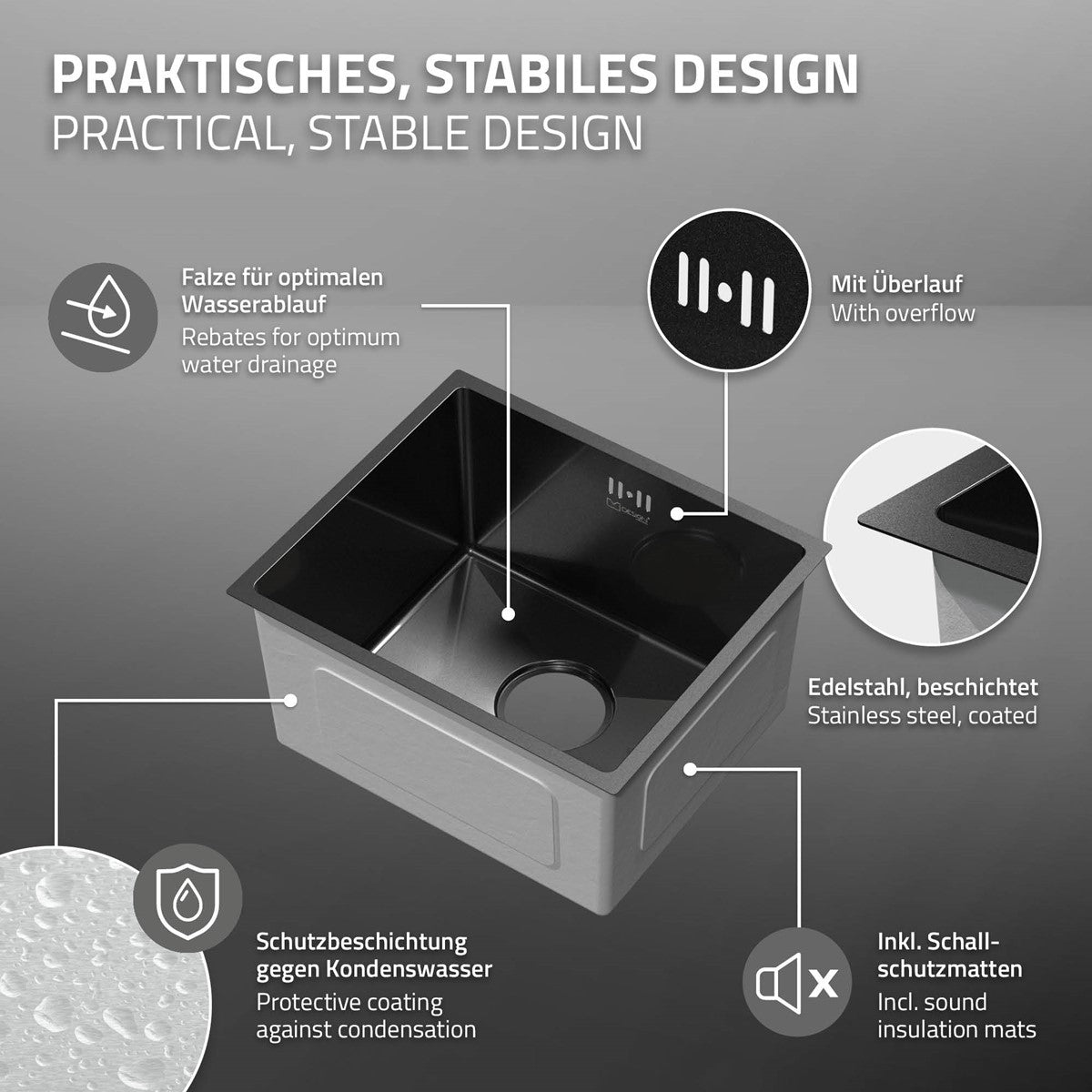 ECD Germany Sanitär évier inox 34x40 cm anthracite 1 bac