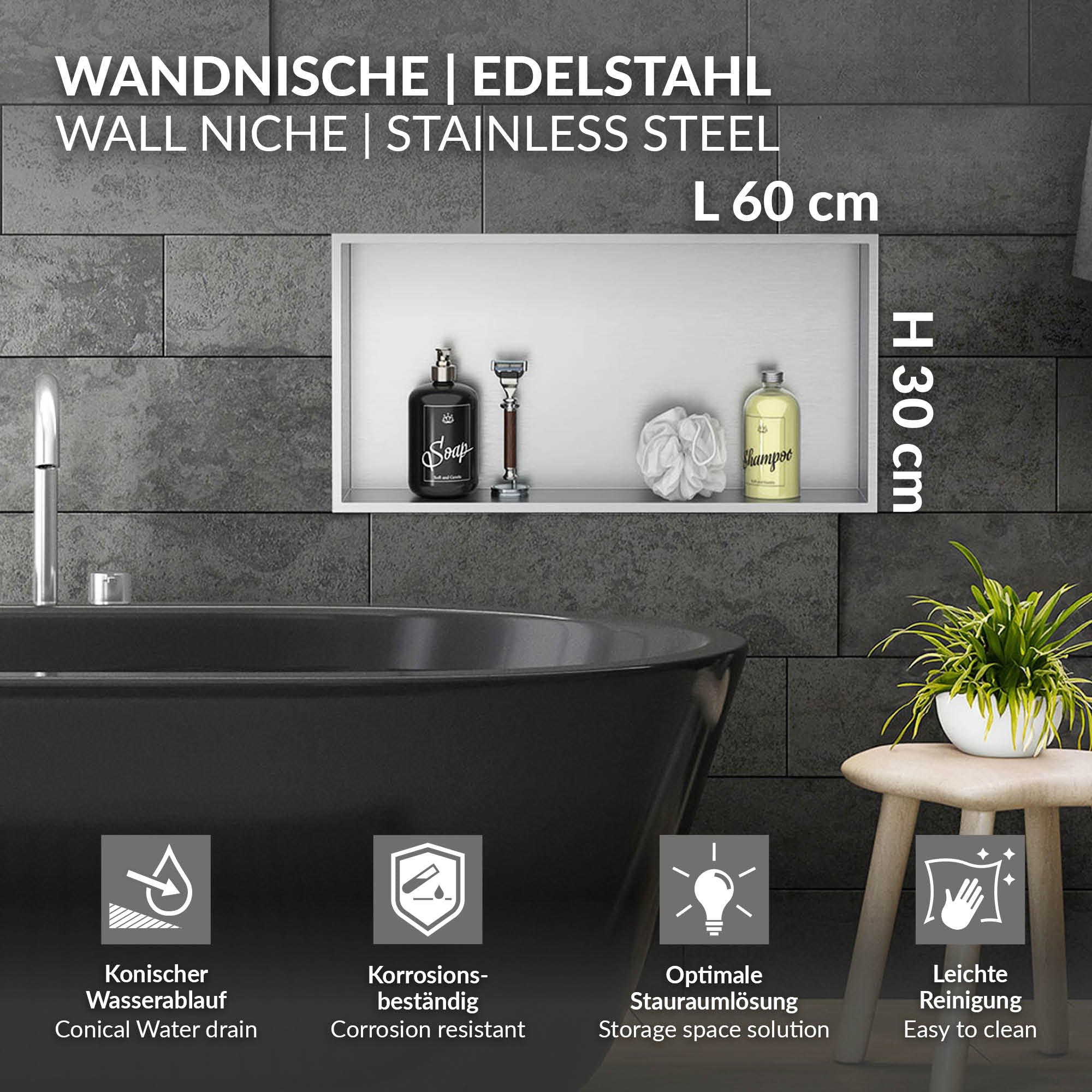 ECD Germany Sanitär niche douche 60x30 cm inox argent