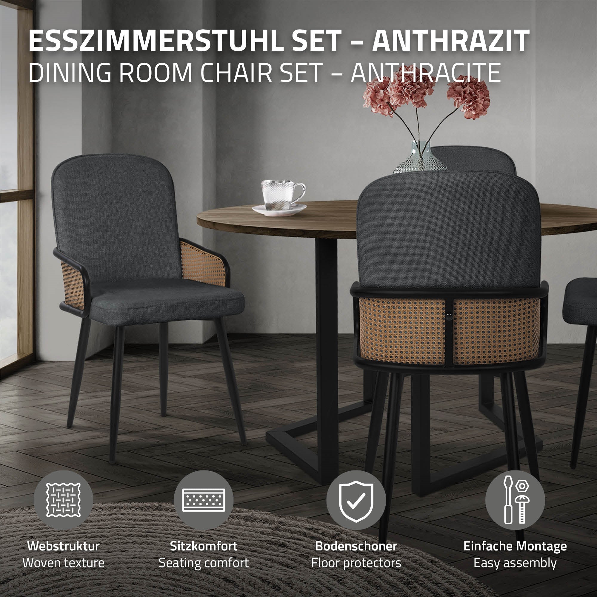 ML-Design chaises salle à manger tissu anthracite lot 4 rotin 120 kg
