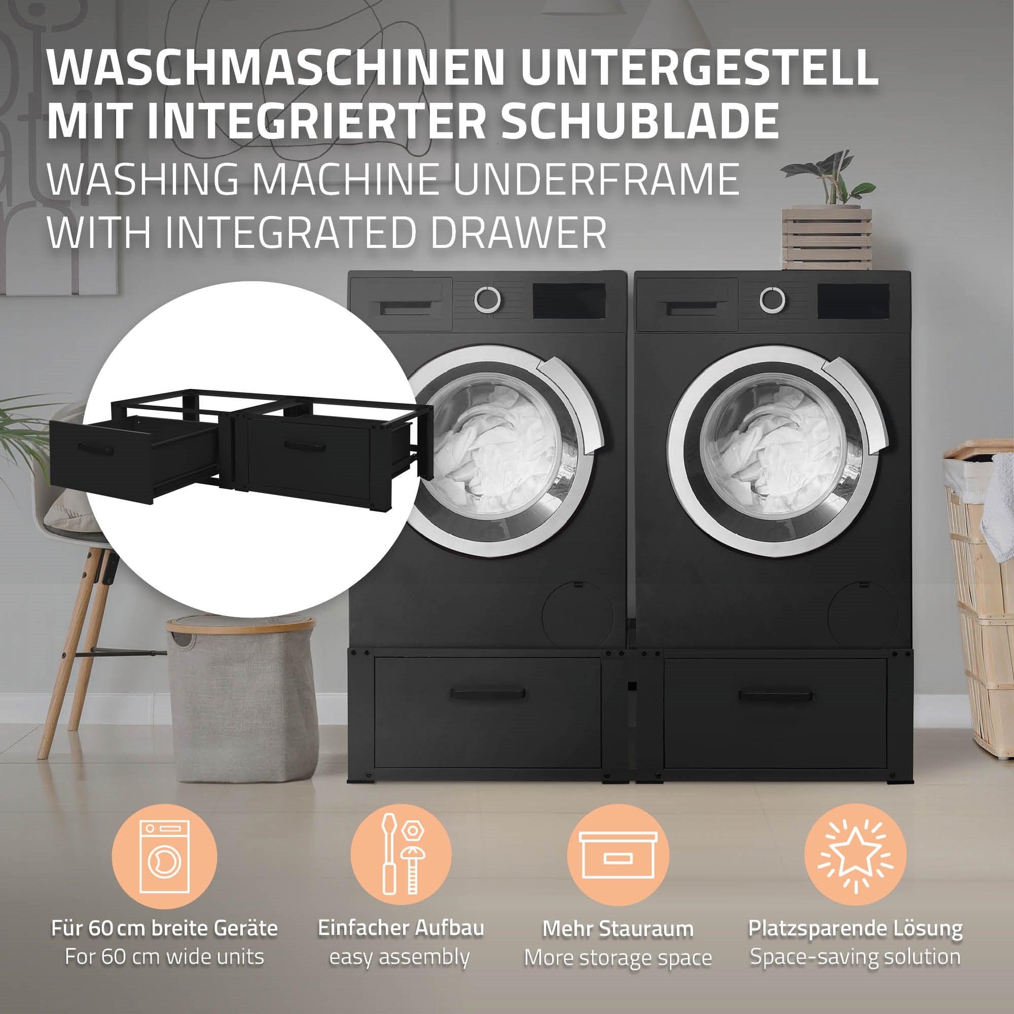 ECD Germany Möbel socle lave-linge 128 cm noir avec tiroir