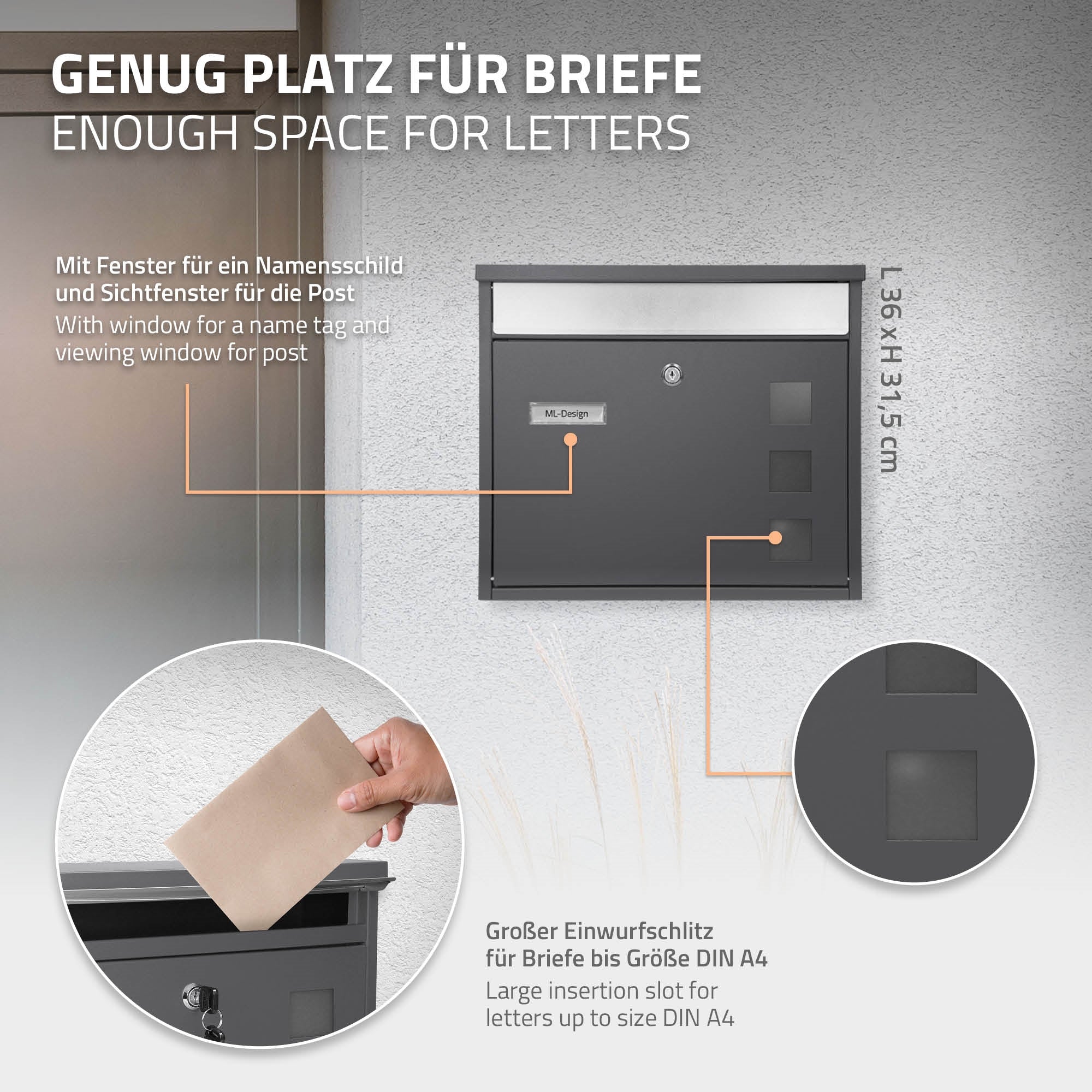 ECD Germany ML-Design boîte aux lettres anthracite 36 cm inox