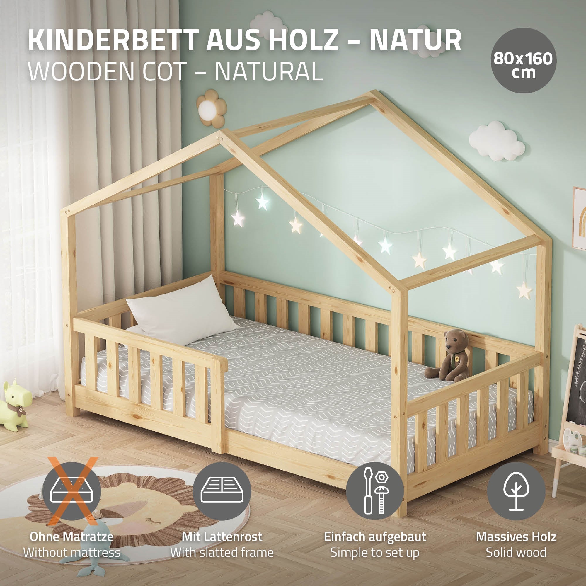 ECD Germany Kinder lit cabane 80x160 nature pin sommier