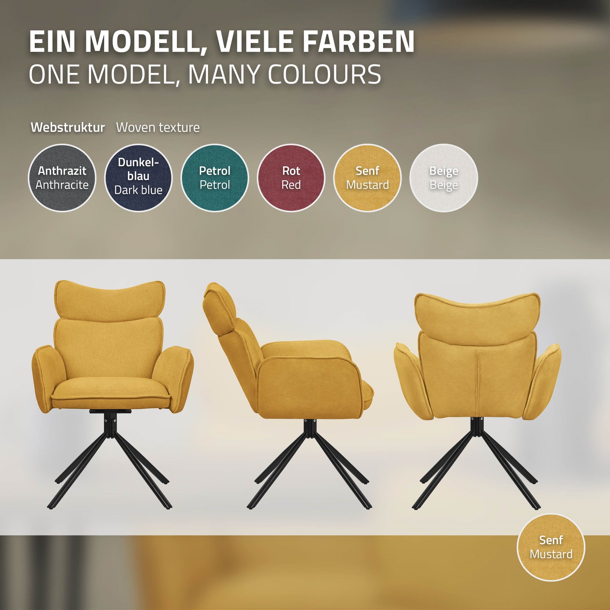 ECD Germany ML-Design chaise salle à manger pivotante moutarde lot 6