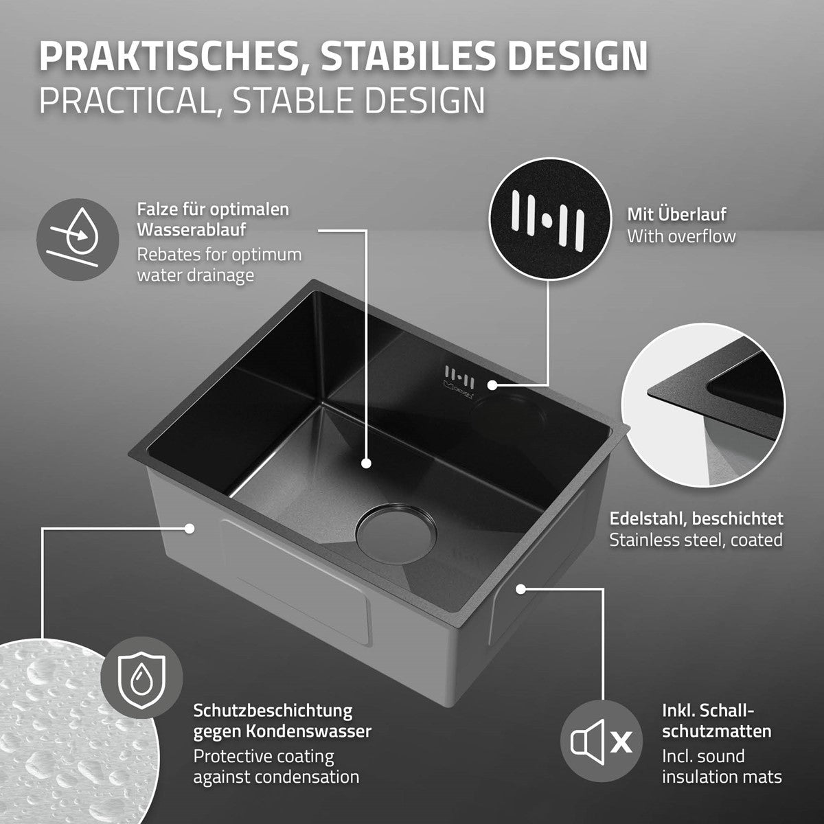 ECD Germany Sanitär Évier inox 50x40 cm anthracite à encastrer