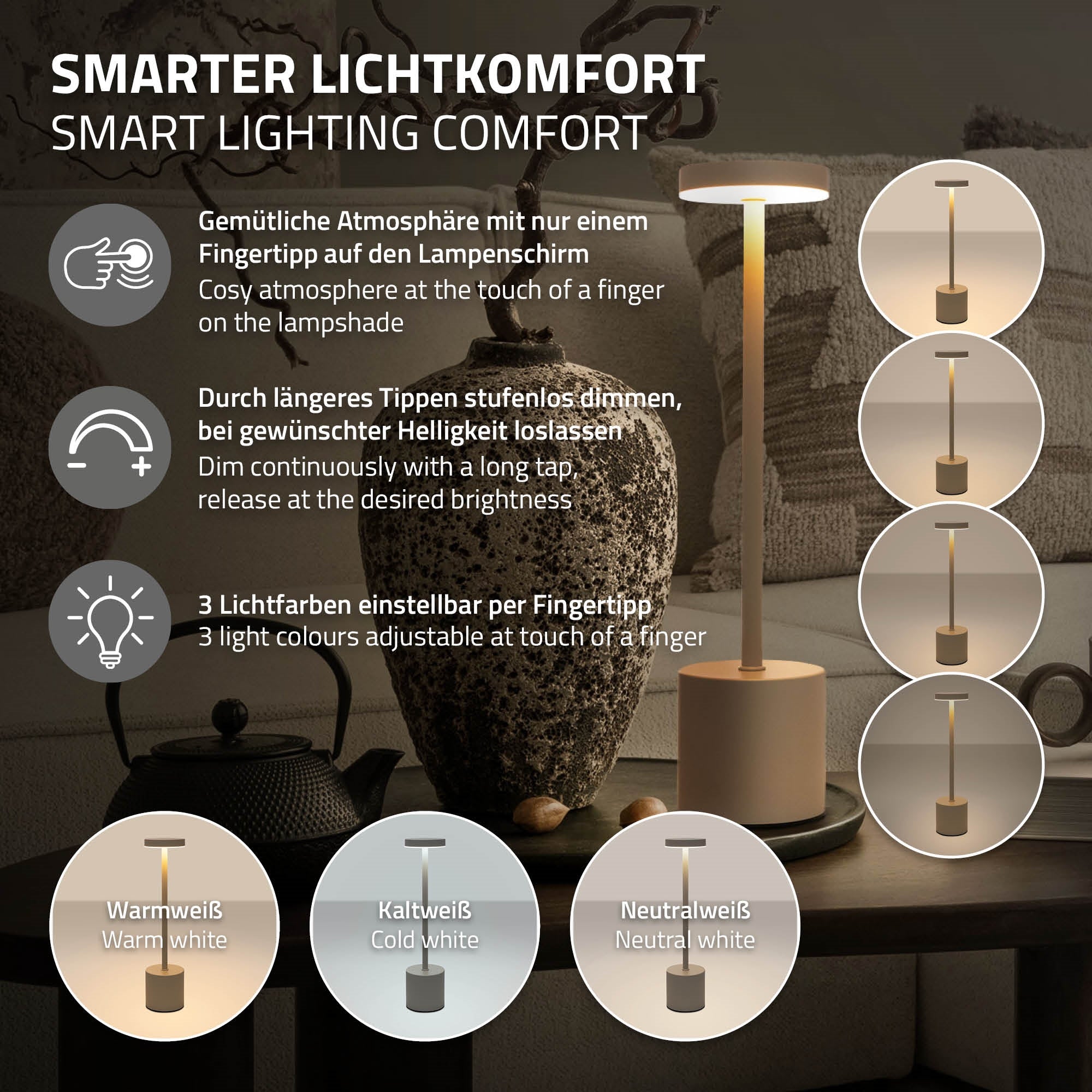 ECD Haus Wohnen ML lampe table sans fil crème 34,5cm