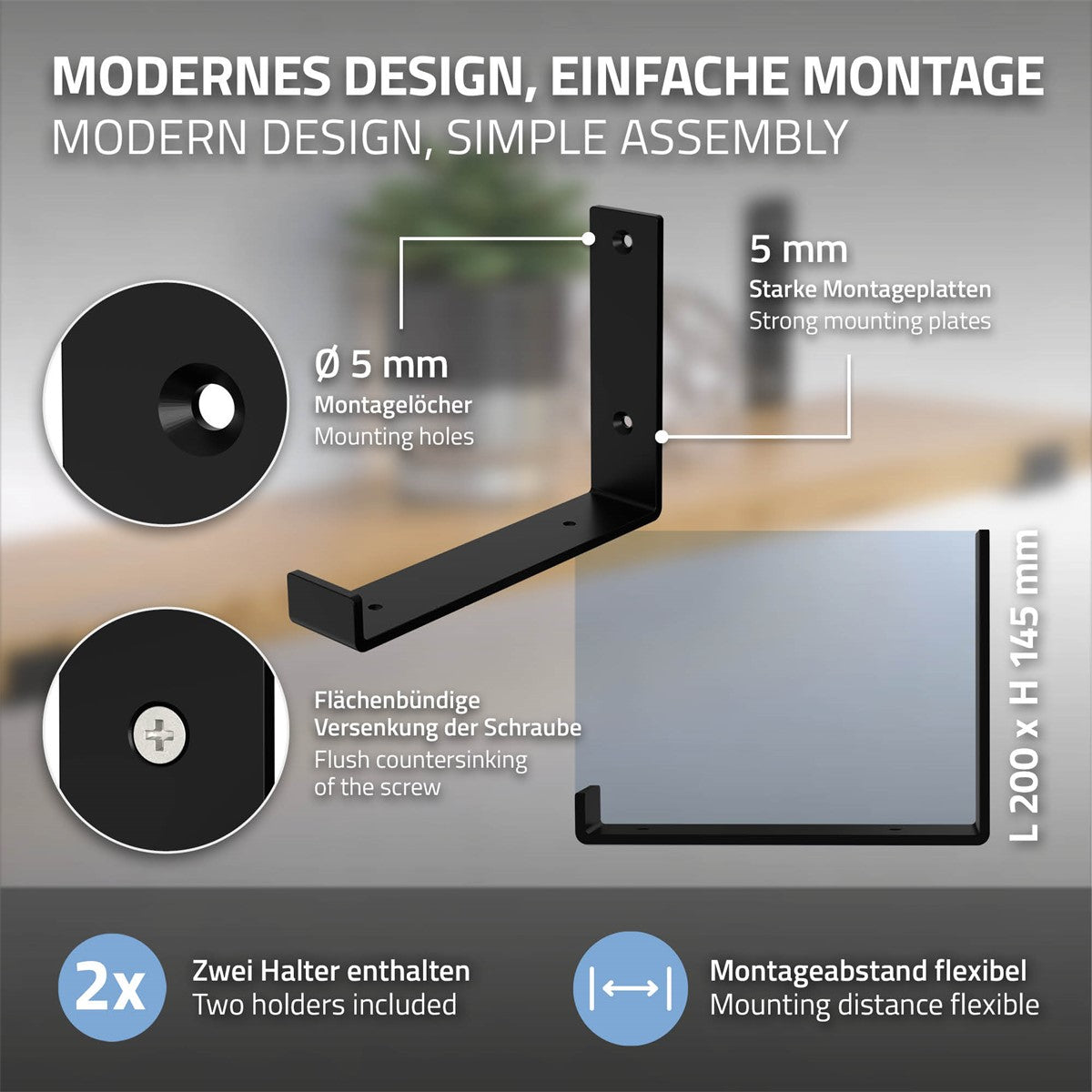 ECD Germany lot 2 équerres étagère acier 250mm noir robuste