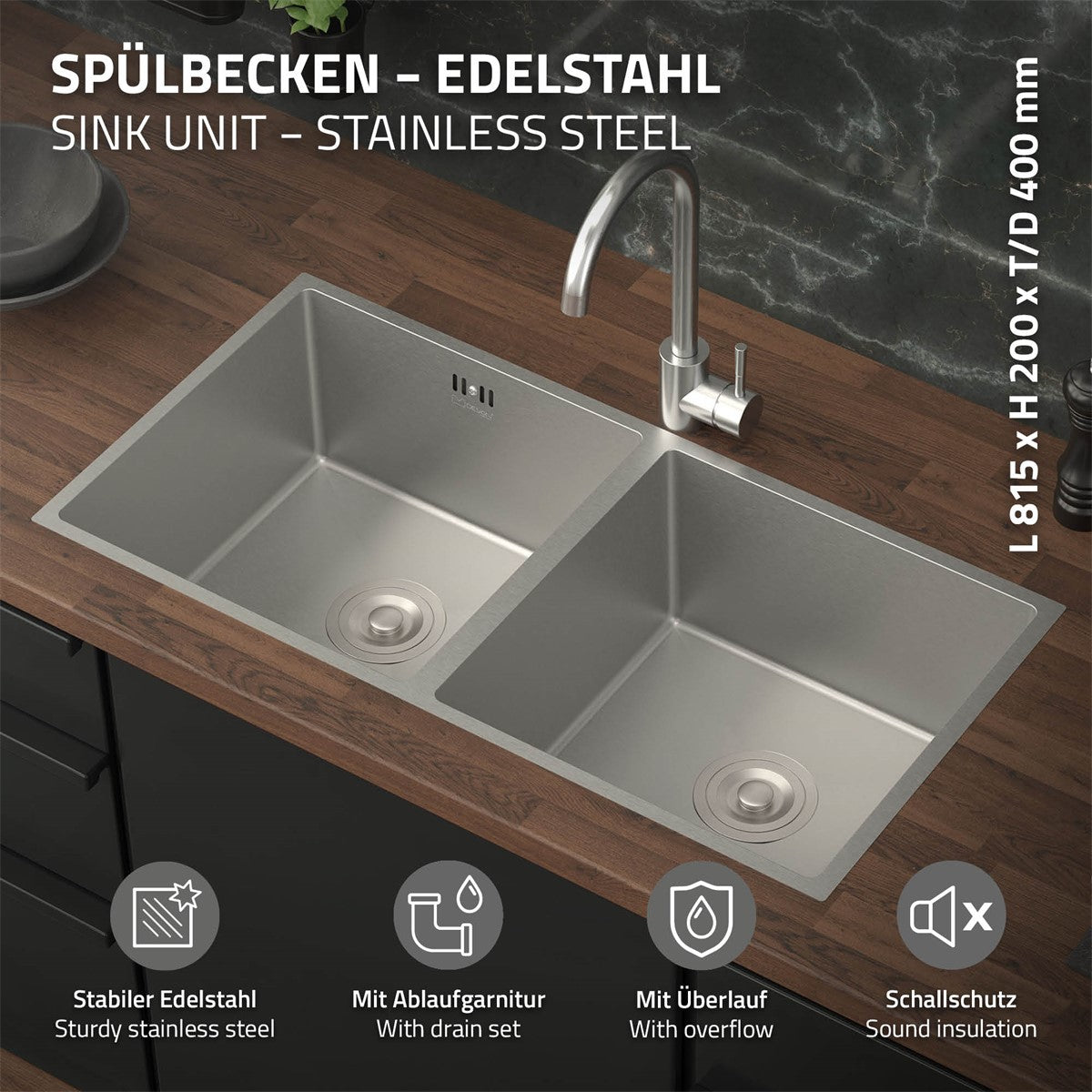 ECD Germany Sanitär Double Évier Inox Argent 2 Bacs