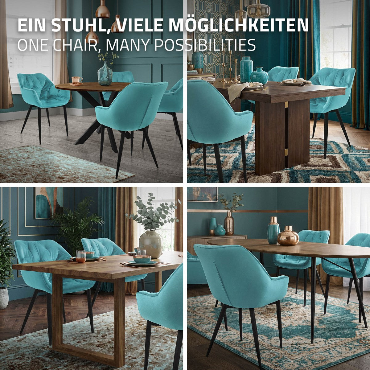 ECD Germany Möbel Chaise salle à manger velours pétrole lot de 6