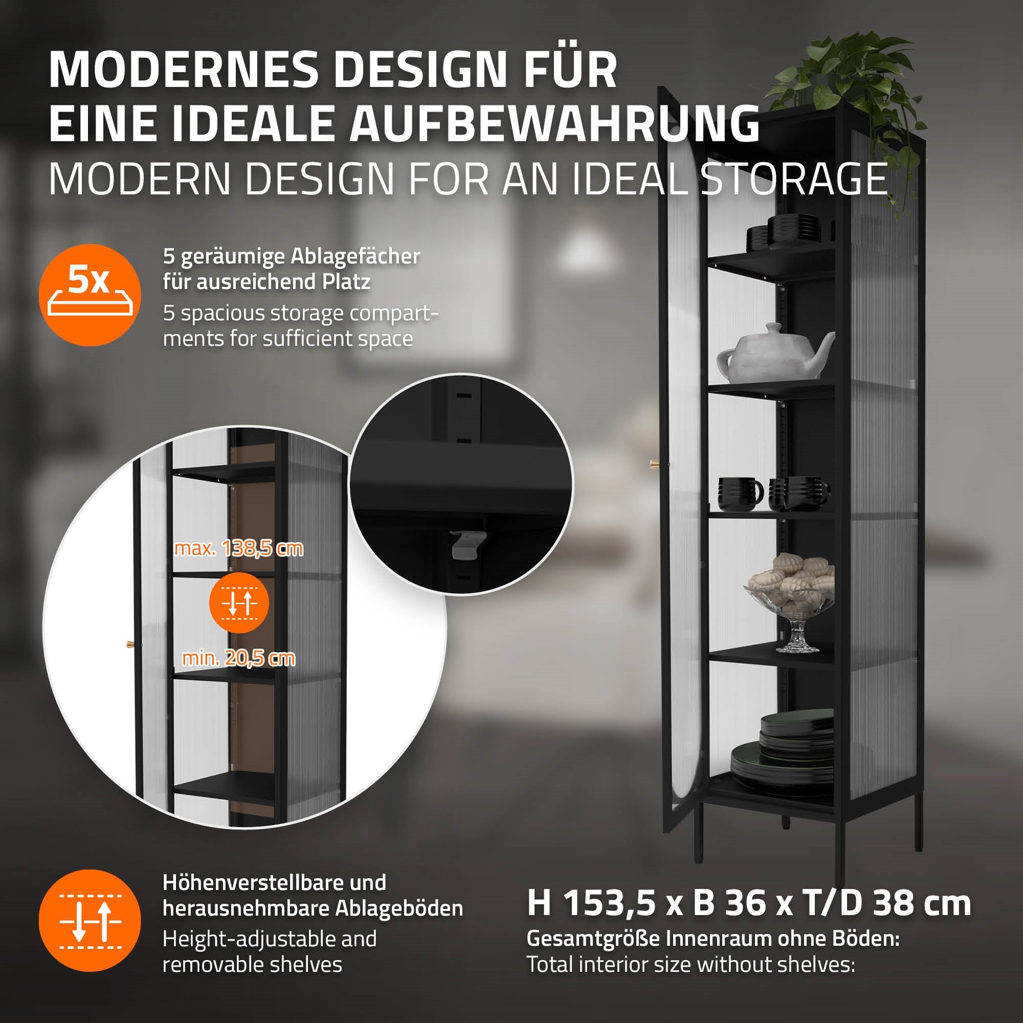 ECD Germany vitrine 42x175x40 cm noire acier 4 étagères B-Ware