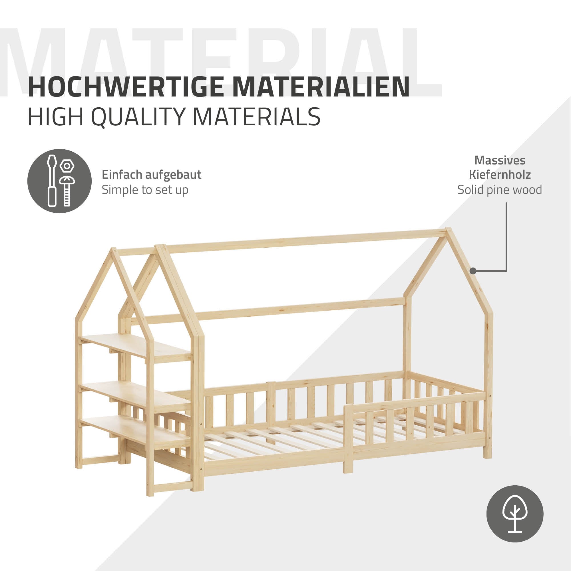 ML-Design lit cabane enfant pin 90x200 barrière étagère sommier