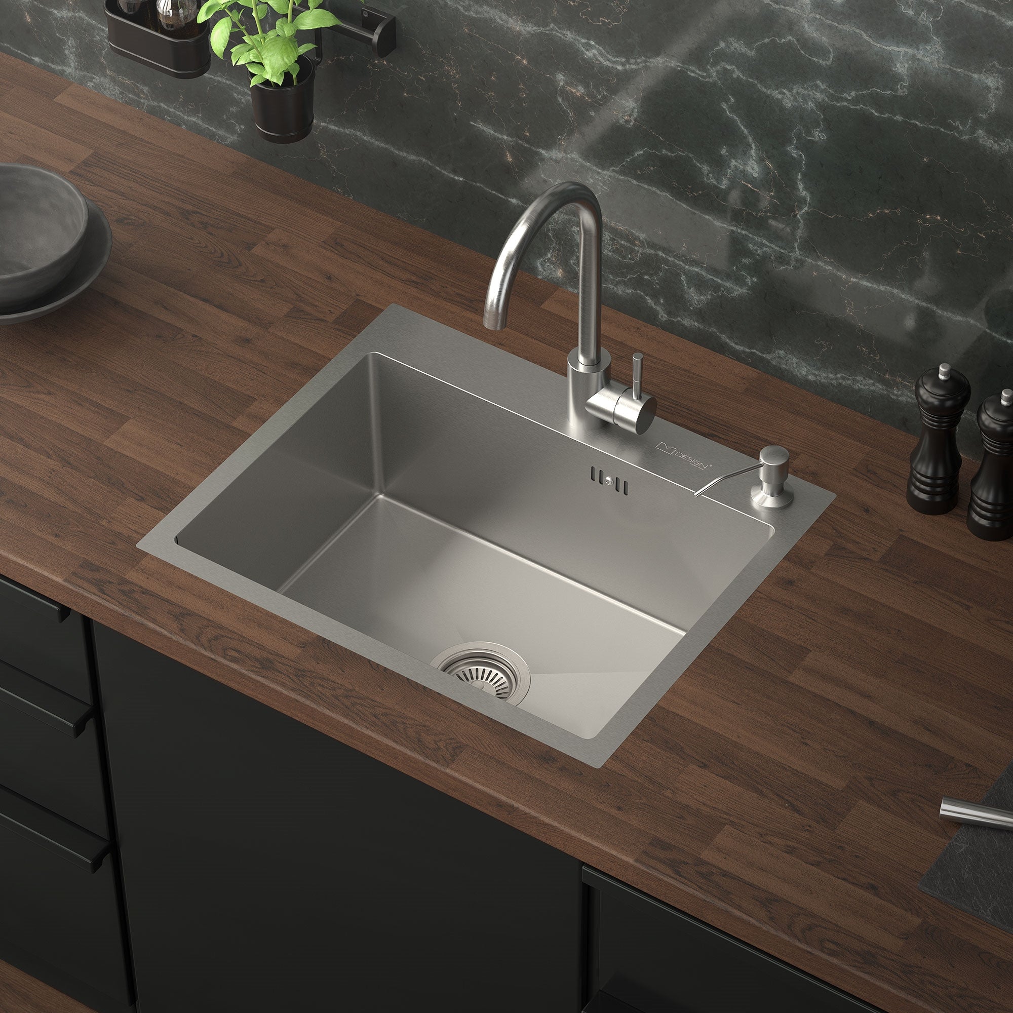 ECD Germany Évier Cuisine Inox Argent 55x45 +Siphon +Savon