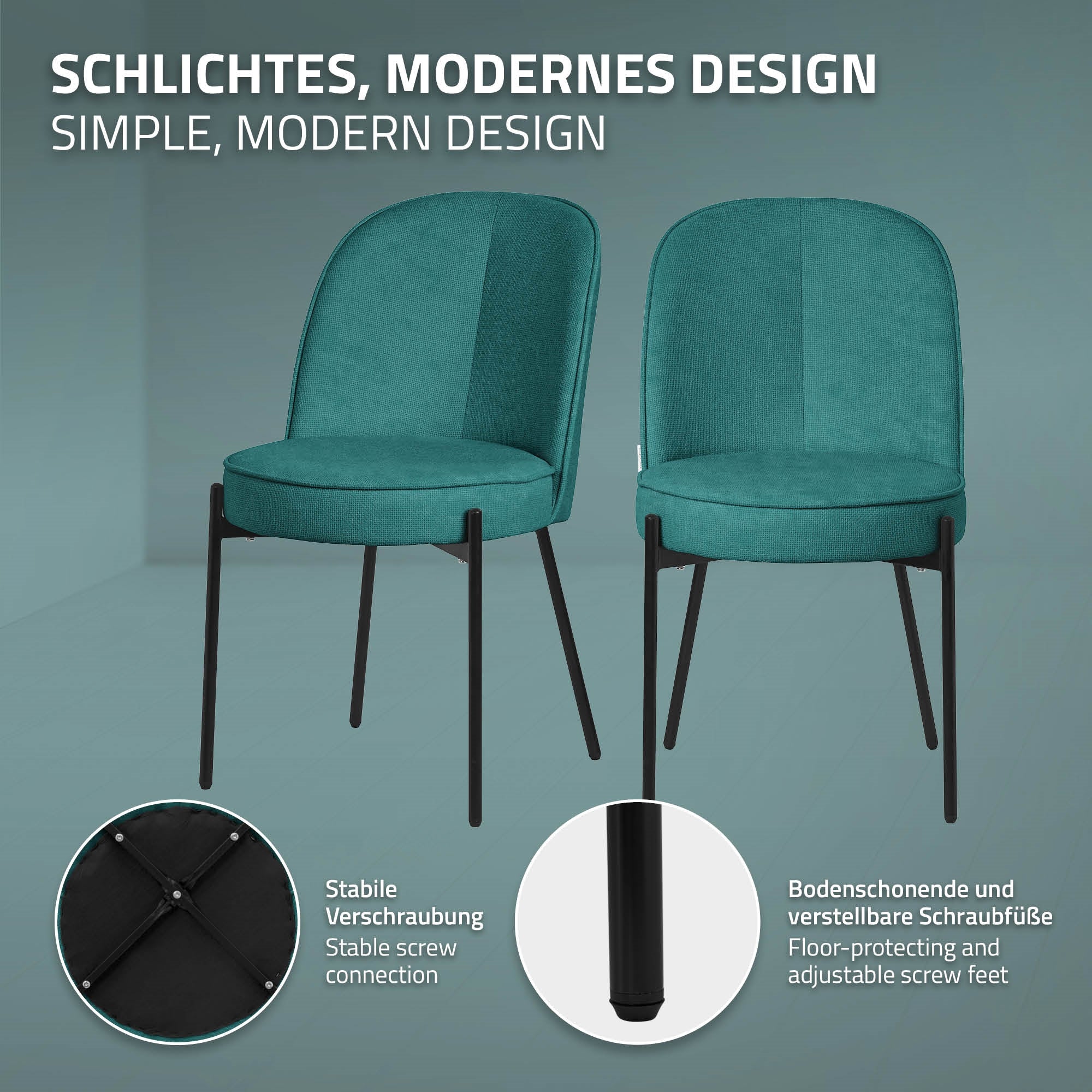 ECD Germany Möbel Lot 2 Chaises Pétrole Tissu Salle à Manger