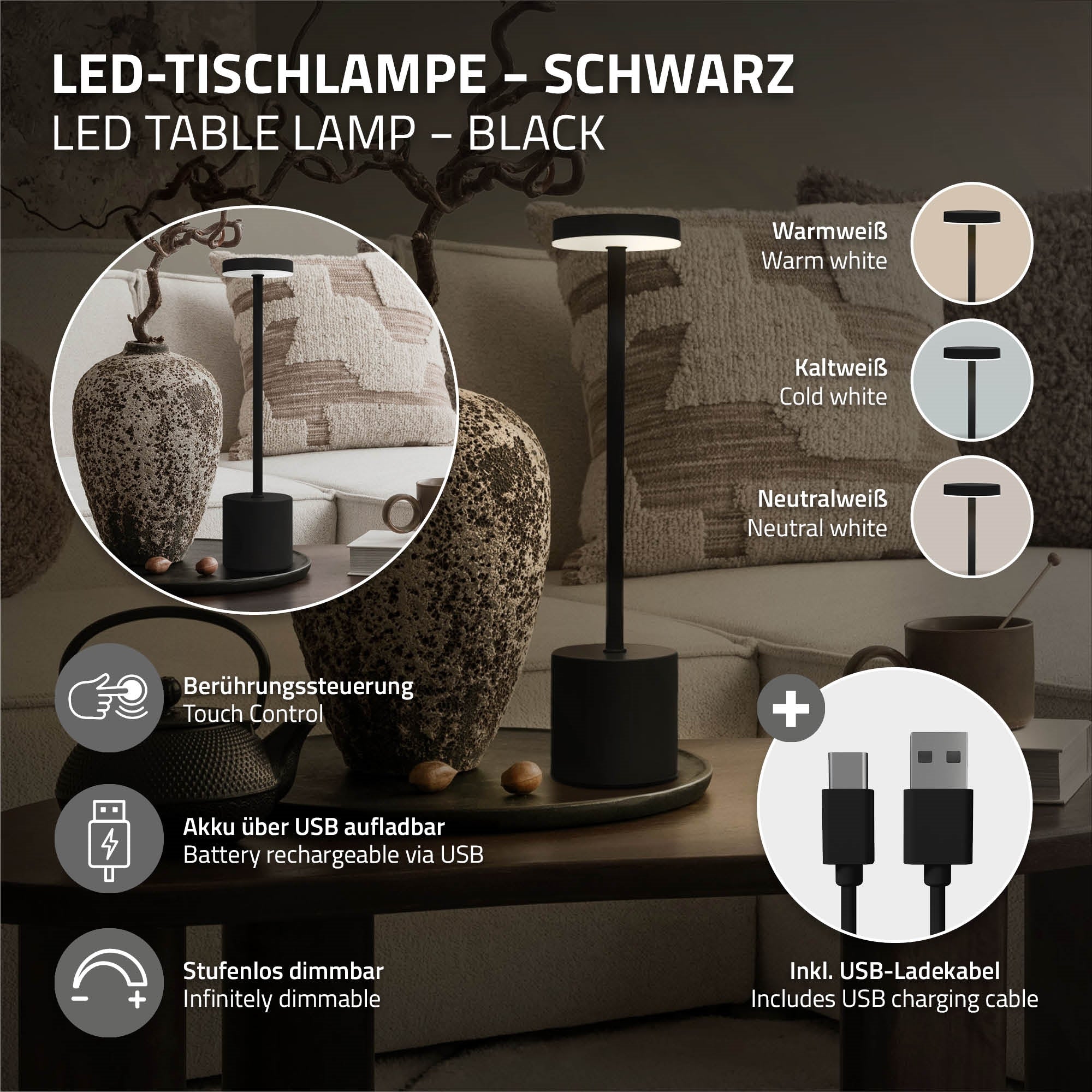 ECD Germany Möbel lampe table tactile crème LED USB-C