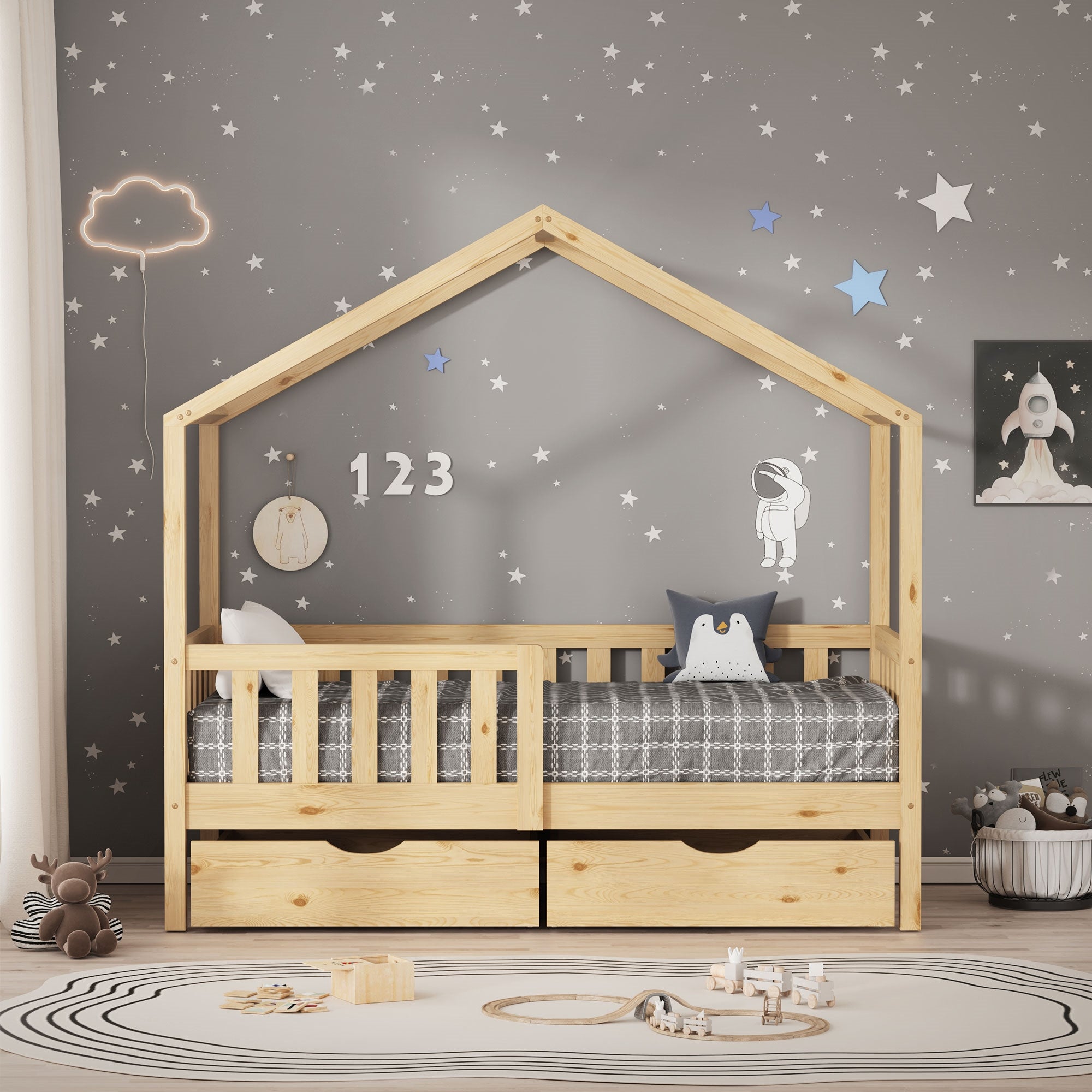 ECD Germany ML-Design lit cabane 70x140 naturel 2 tiroirs
