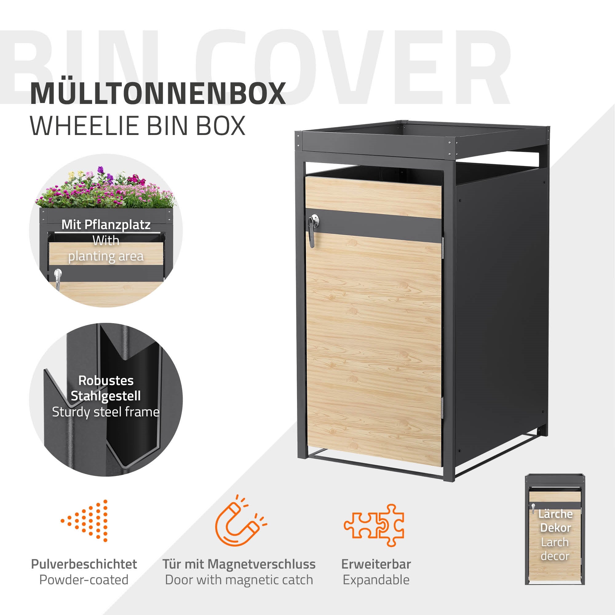 ECD Germany Garten cache poubelle acier mélèze 68x80x124 cm