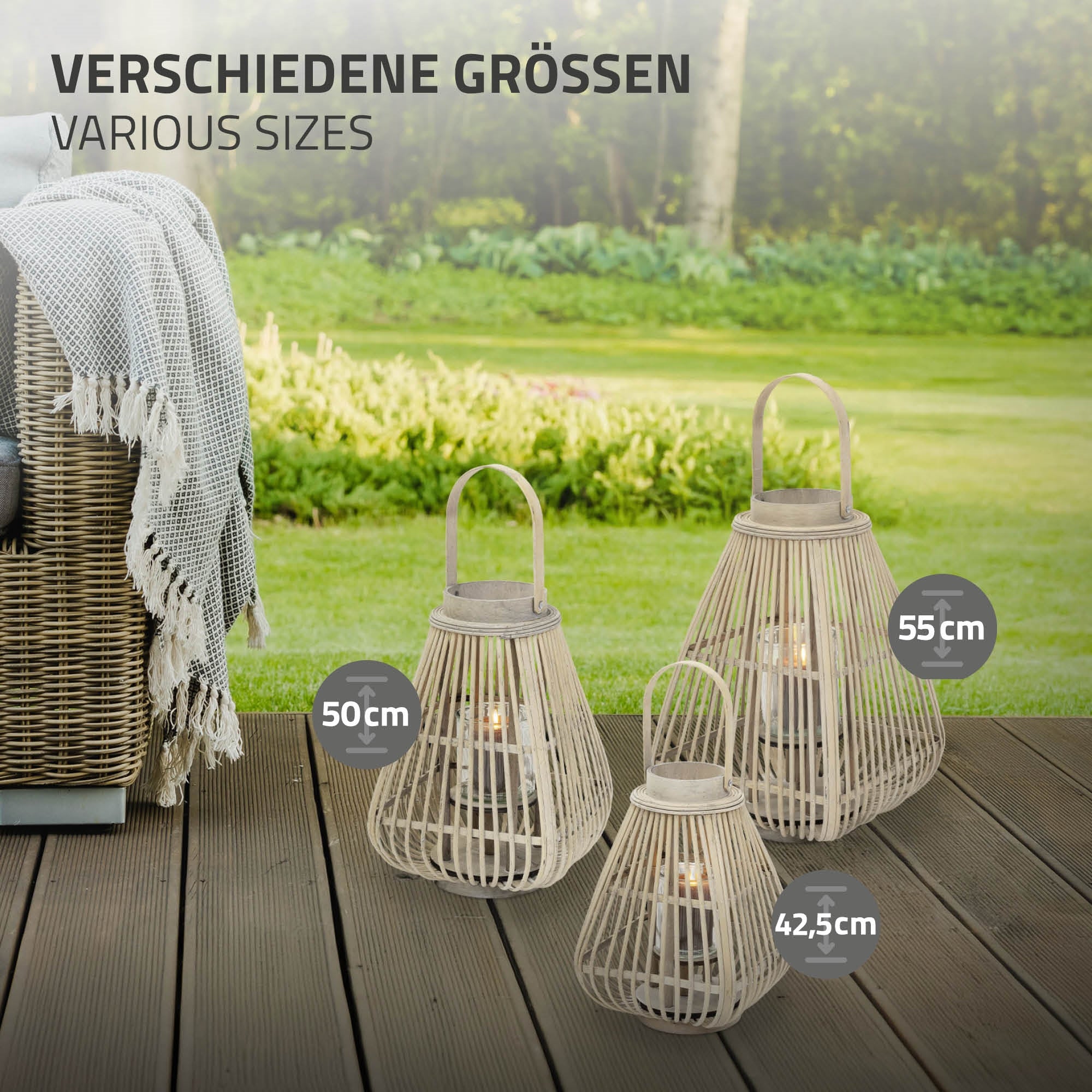 ECD Germany Garten lanterne bambou 42,5cm verre vent boho