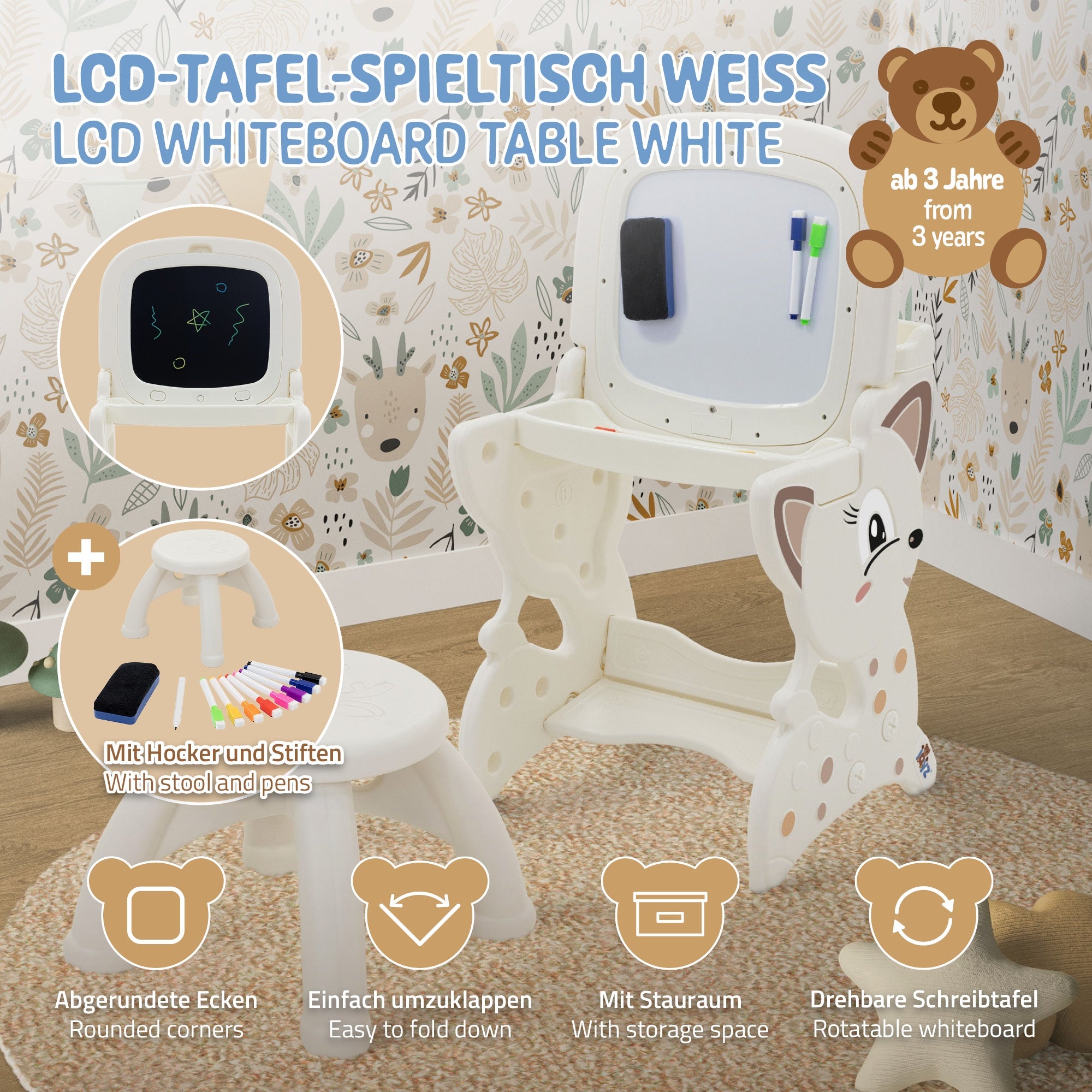 Joyz table enfant 3 en 1 blanche avec tabouret et accessoires