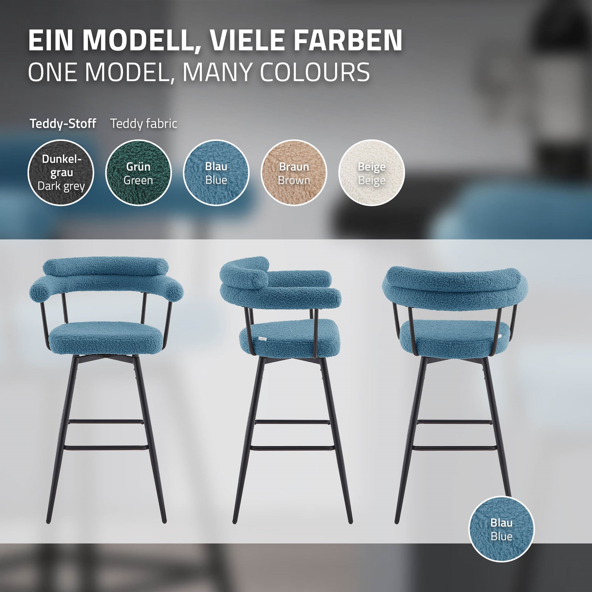 ECD Germany Möbel lot 4 tabourets de bar pivotants bleus 120 kg
