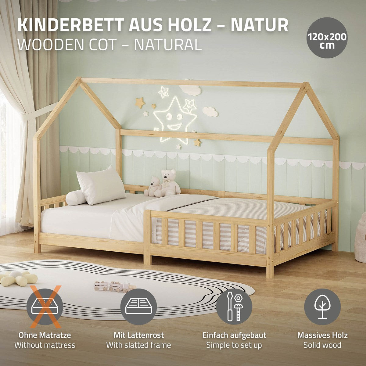 ECD Germany Kinder lit cabane enfant 120x200 cm naturel pin