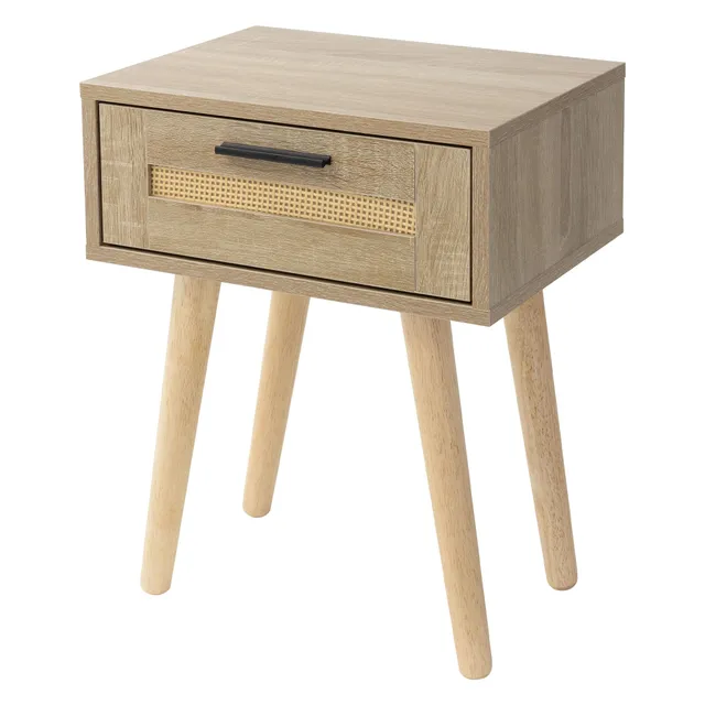 ECD Germany Möbel Table de Chevet Rotin Chêne 1 Tiroir 40 cm