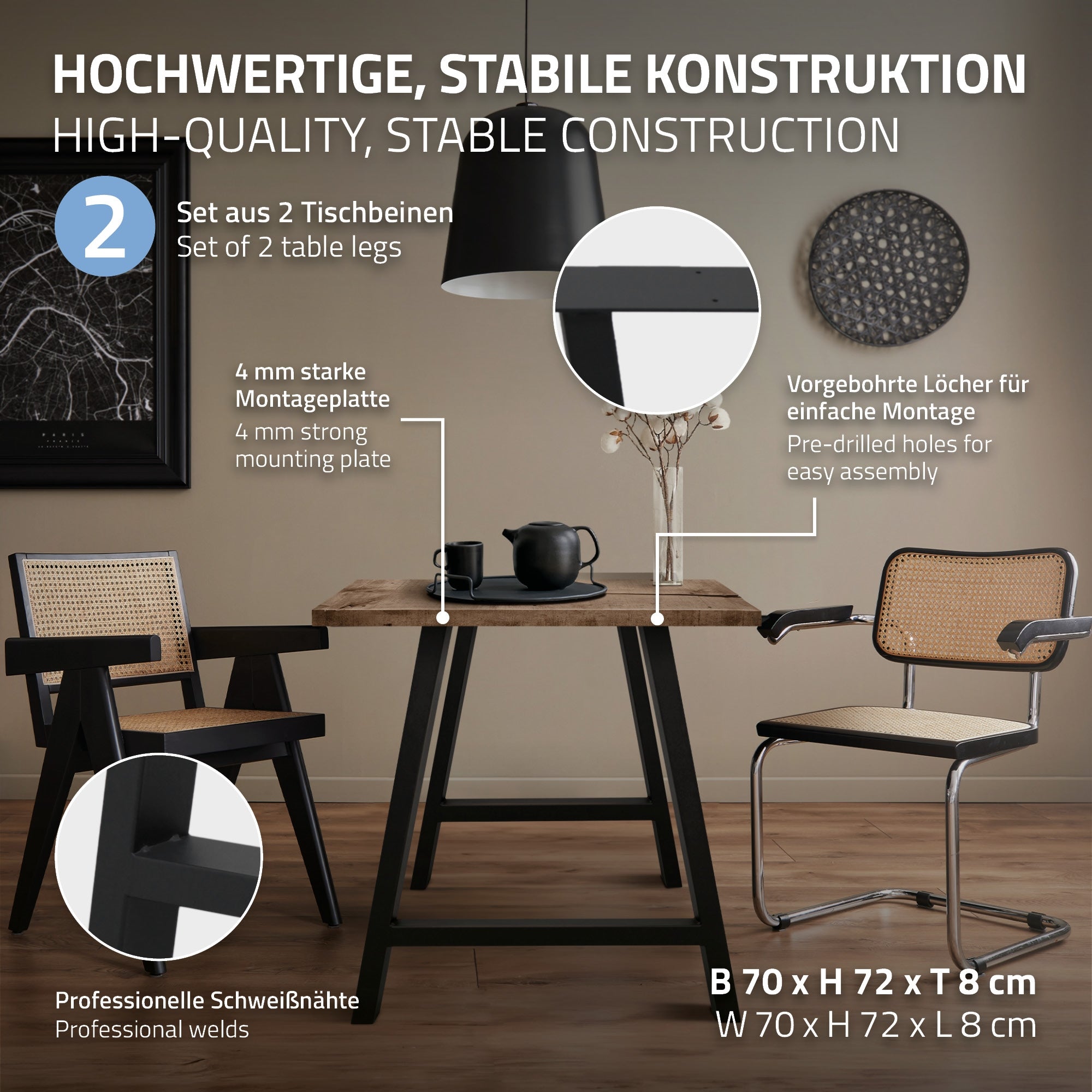 ECD Germany Möbel pied de table acier noir 70x72 cm lot de 2