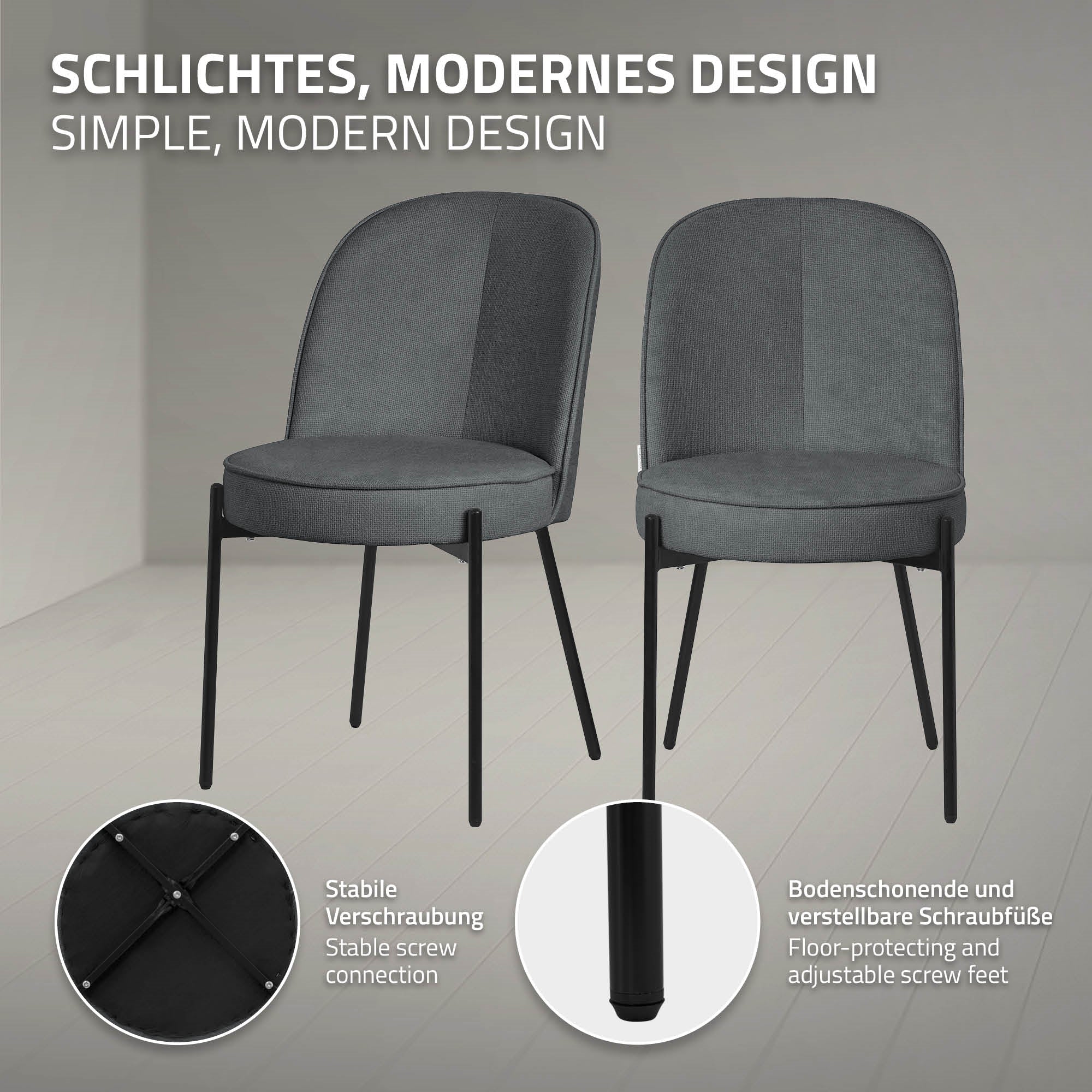 ECD Germany ML-Design chaise salle à manger anthracite tissu lot 6