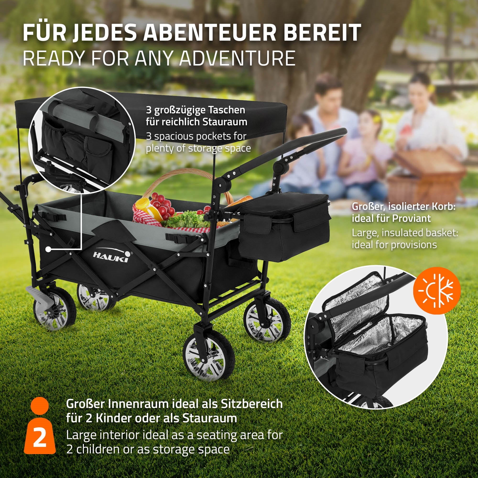 Hauki chariot pliable avec toit noir/gris 120 kg