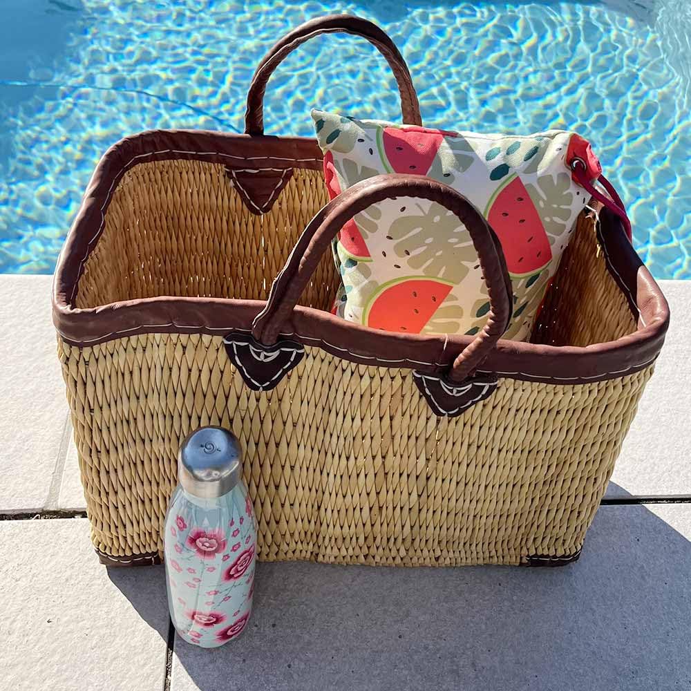 Shop-Story Panier Tressé Cabas Plage Jonc Naturel Cuir