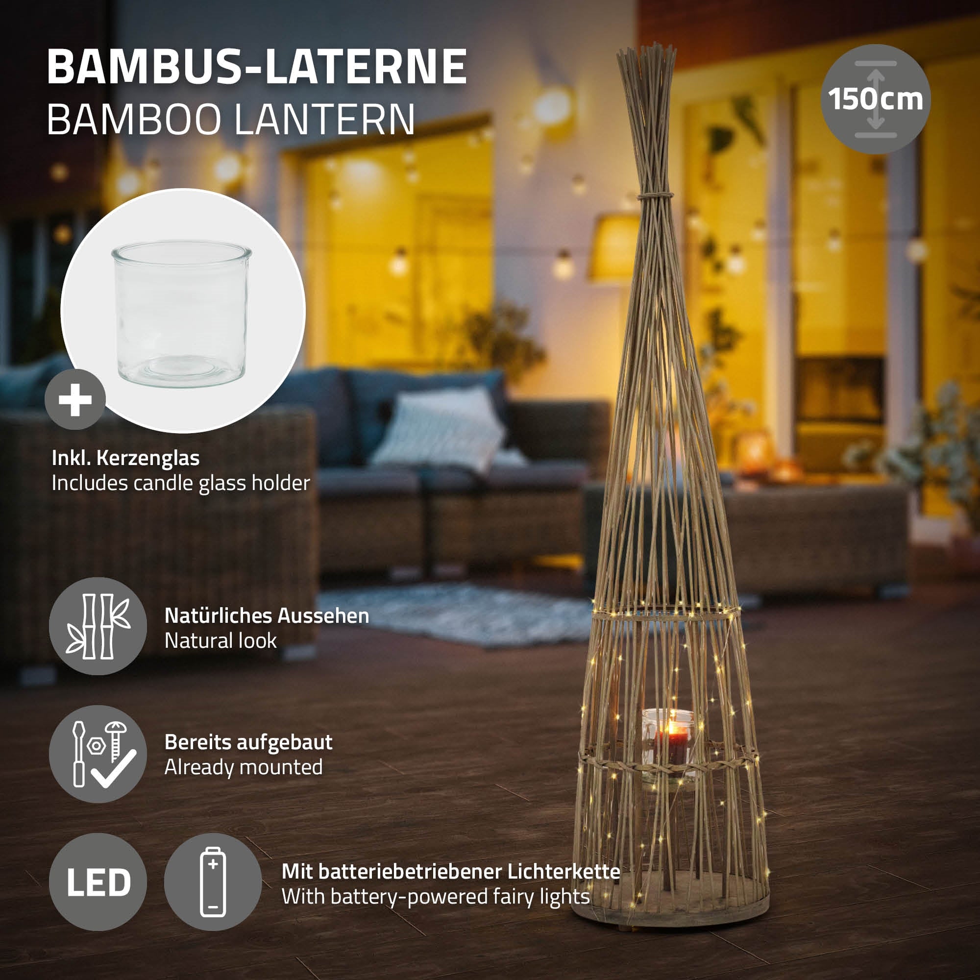 ECD Germany Garten lanterne bambou 150 cm bois LED