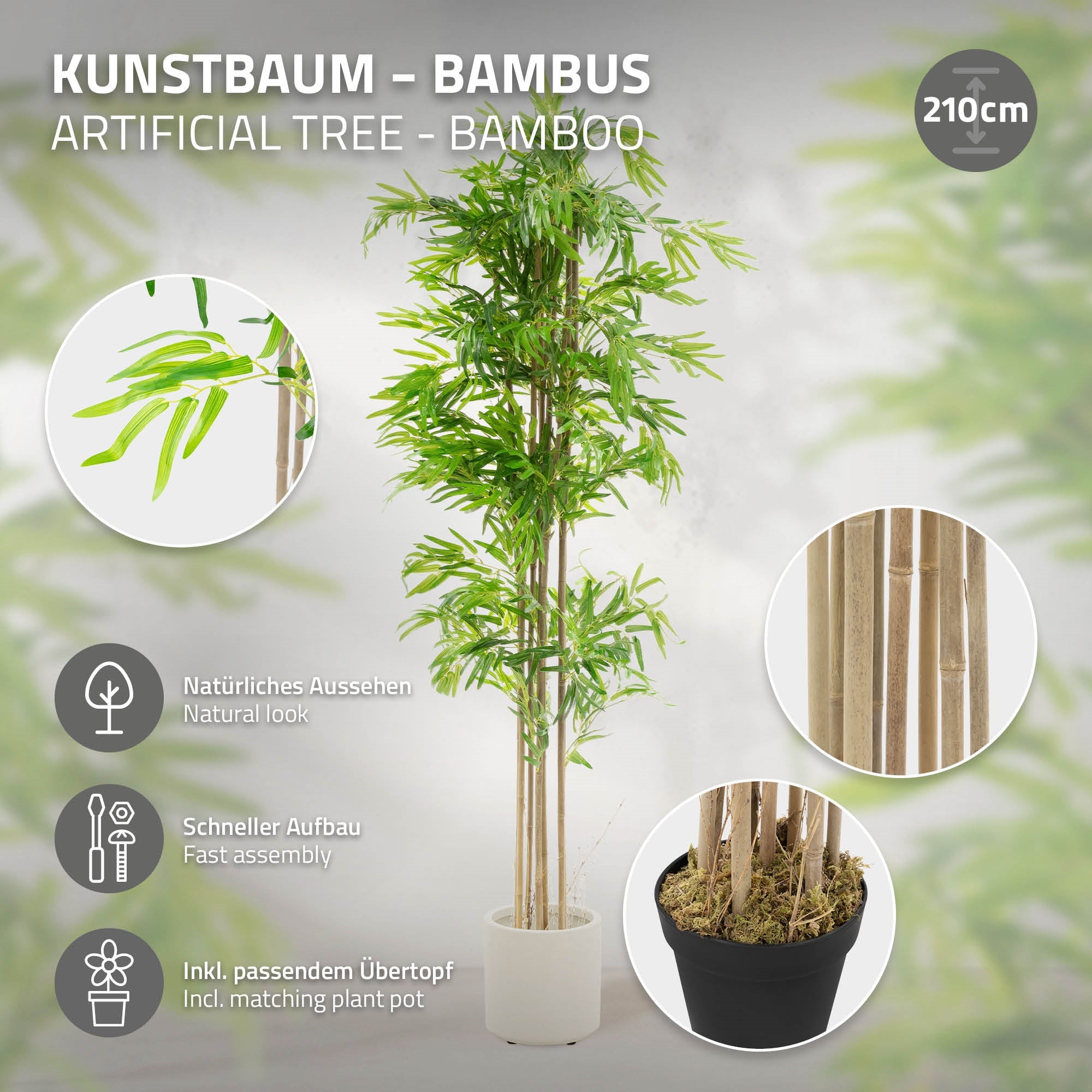 ECD Haus & Wohnen Faux Bambou 210 cm Plante Artificielle Tige Bois