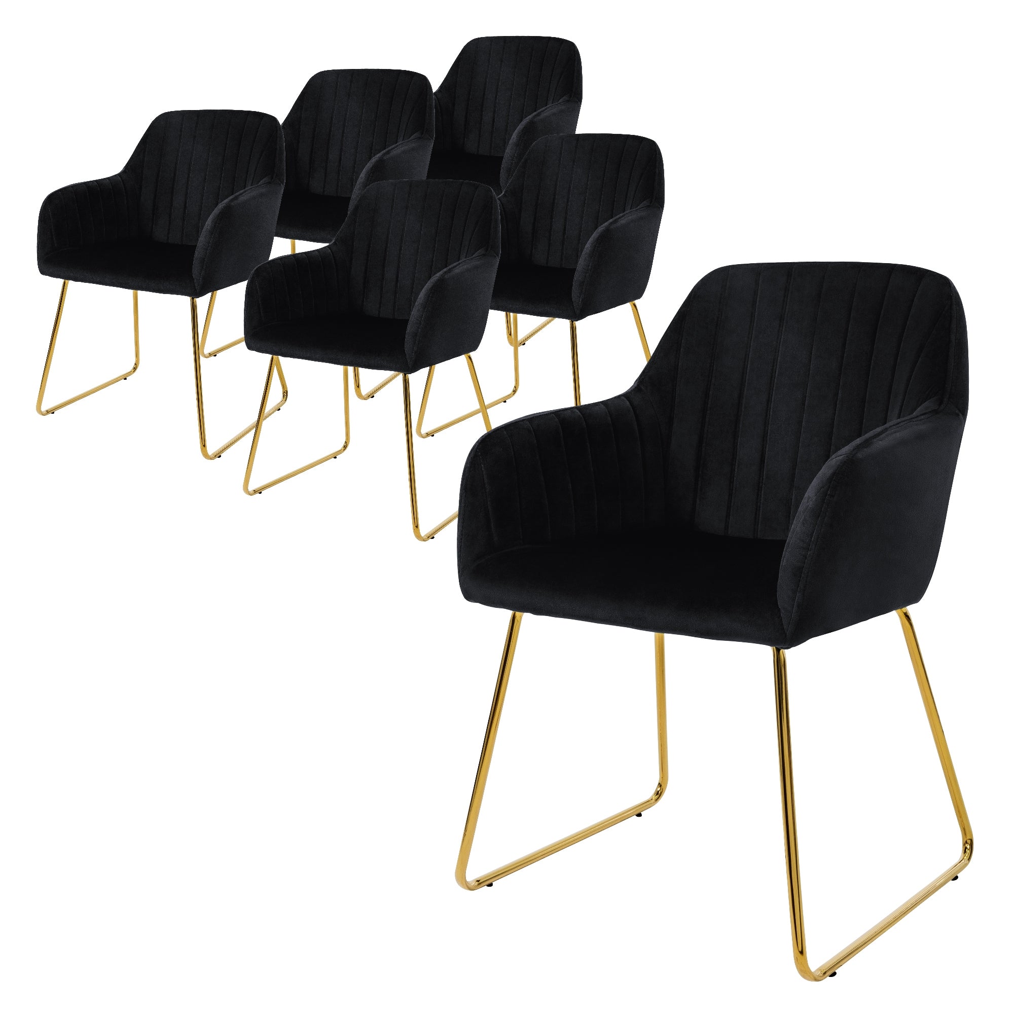 ECD Germany Chaise Velours Noir Accoudoirs Doré 6pcs