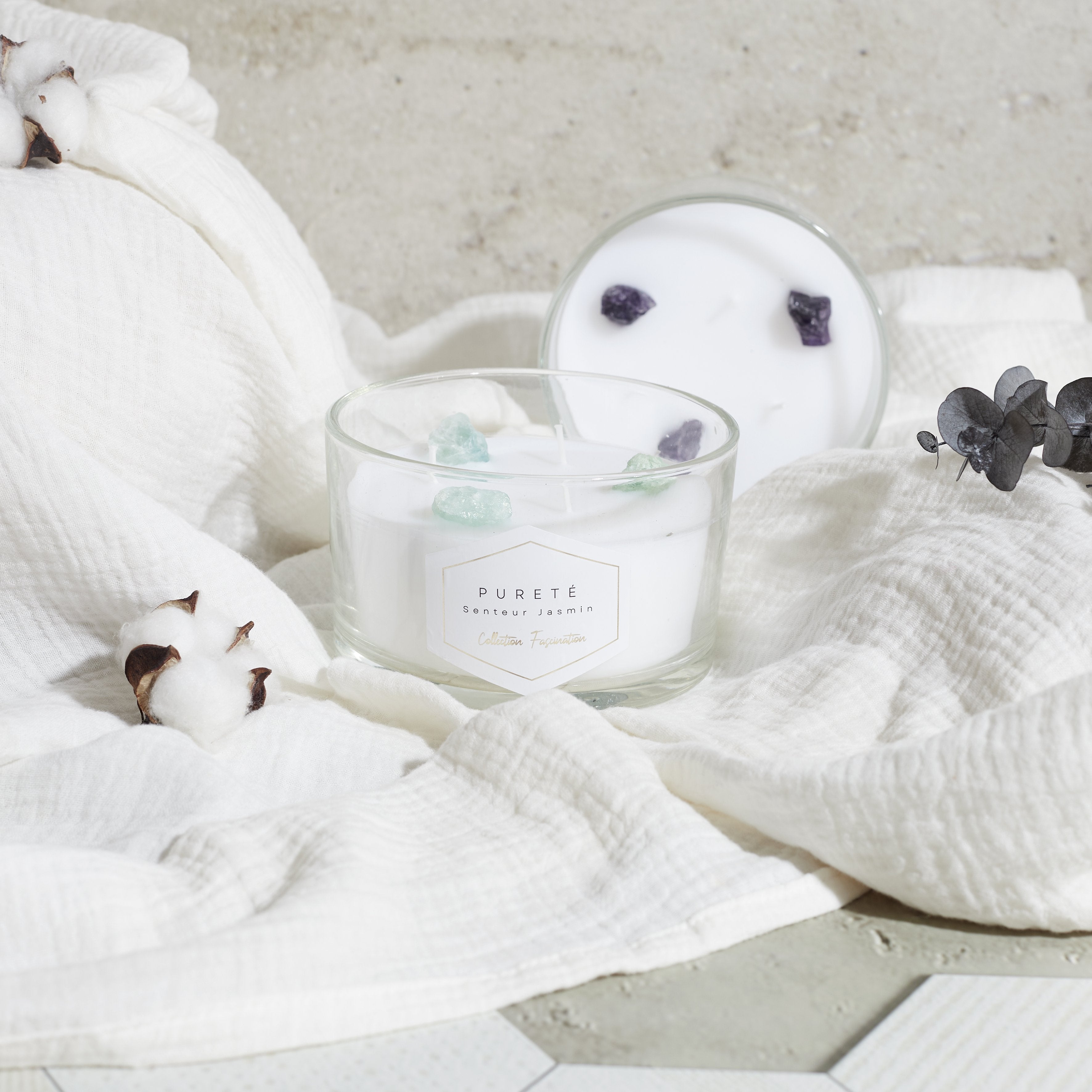 Stokomani Maison bougie parfumée 3 mèches pierres jasmin