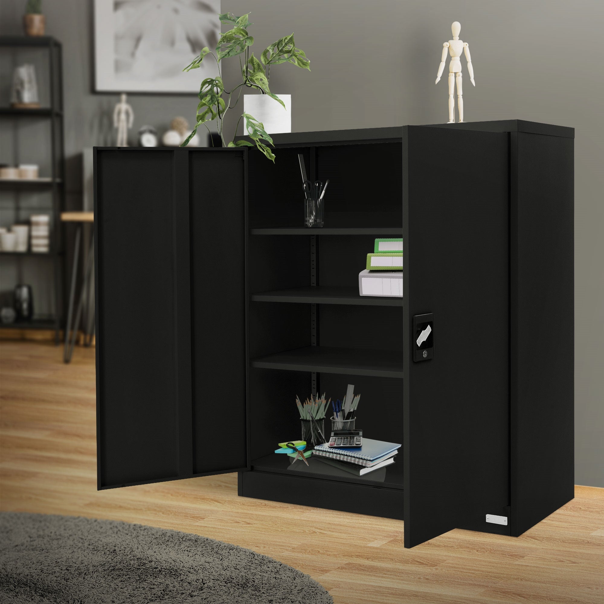 ECD Germany Armoire bureau 90x40x109 noire acier à clé