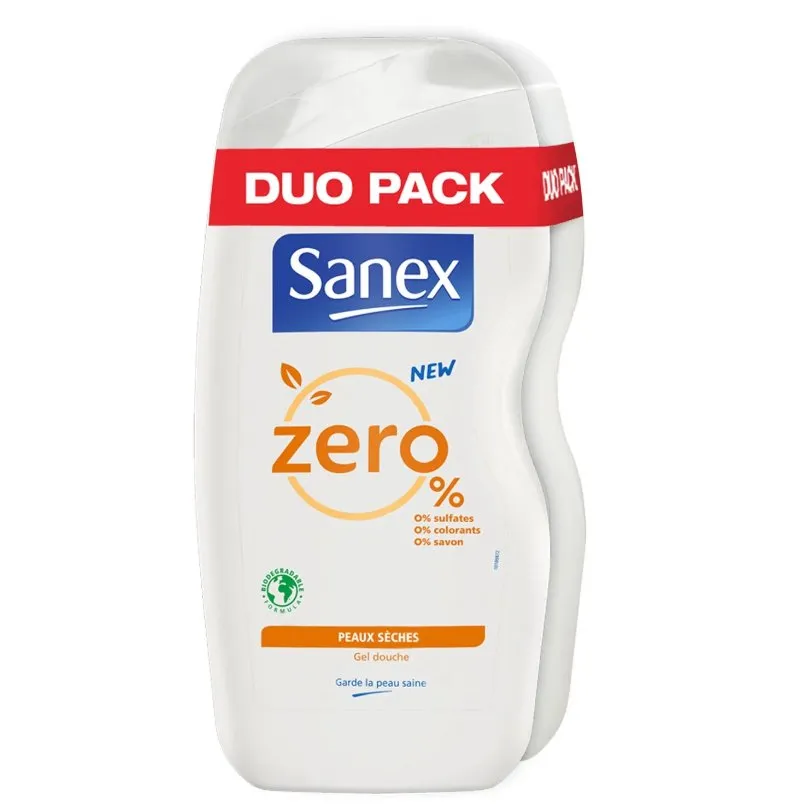 Sanex 0% Pure lot 2 gels douche peaux sèches