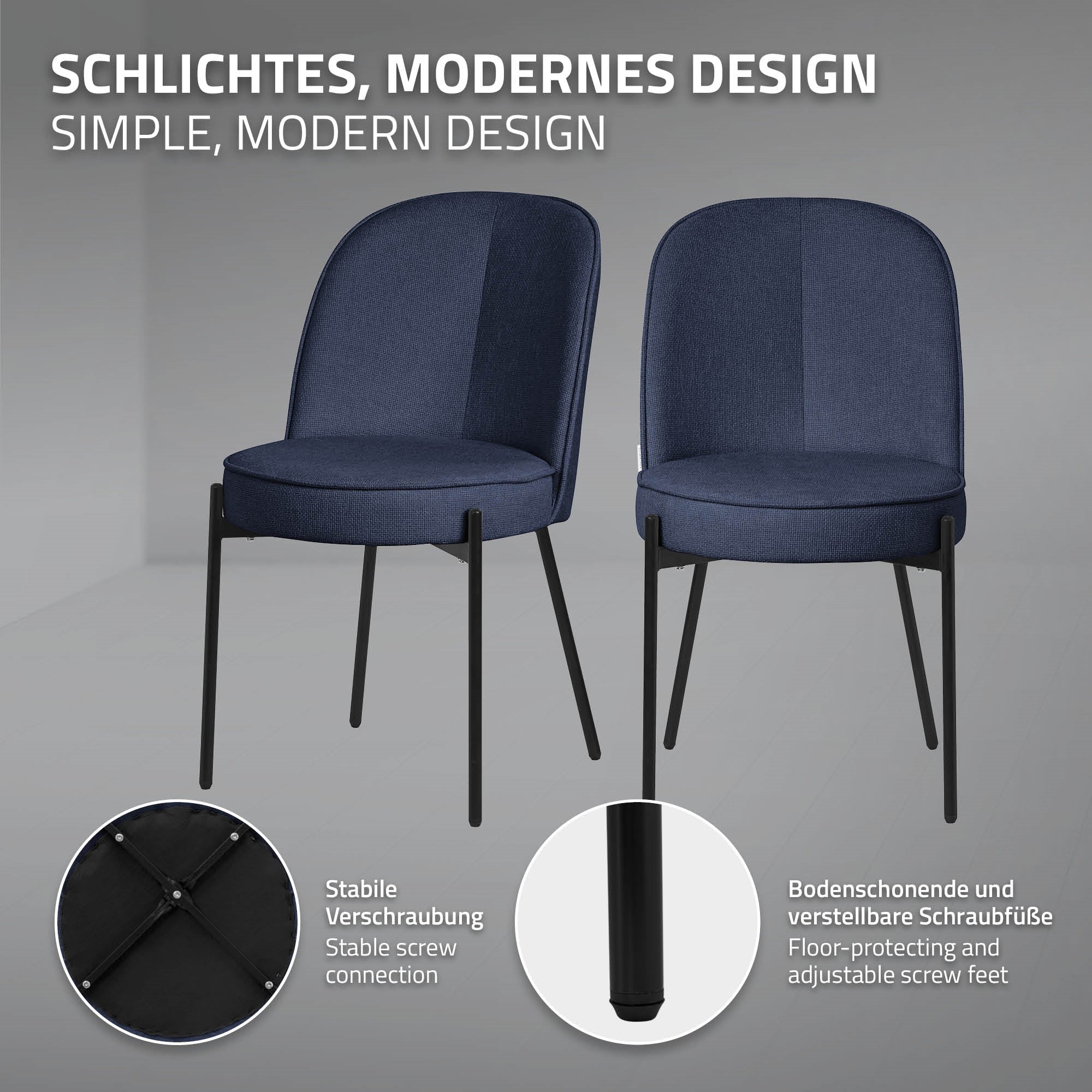 ECD Germany Möbel chaise salle à manger bleu foncé tissu lot de 2