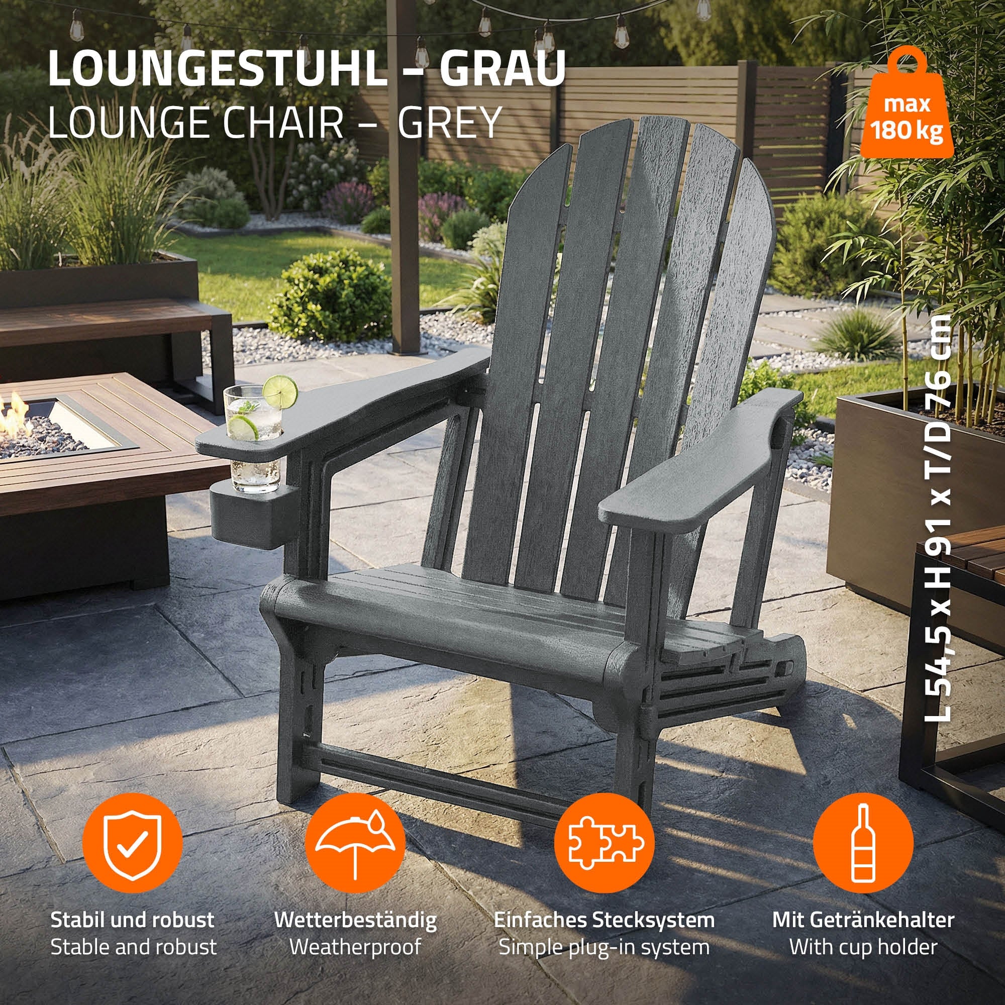 ML-Design Adirondack fauteuil jardin gris HDPE