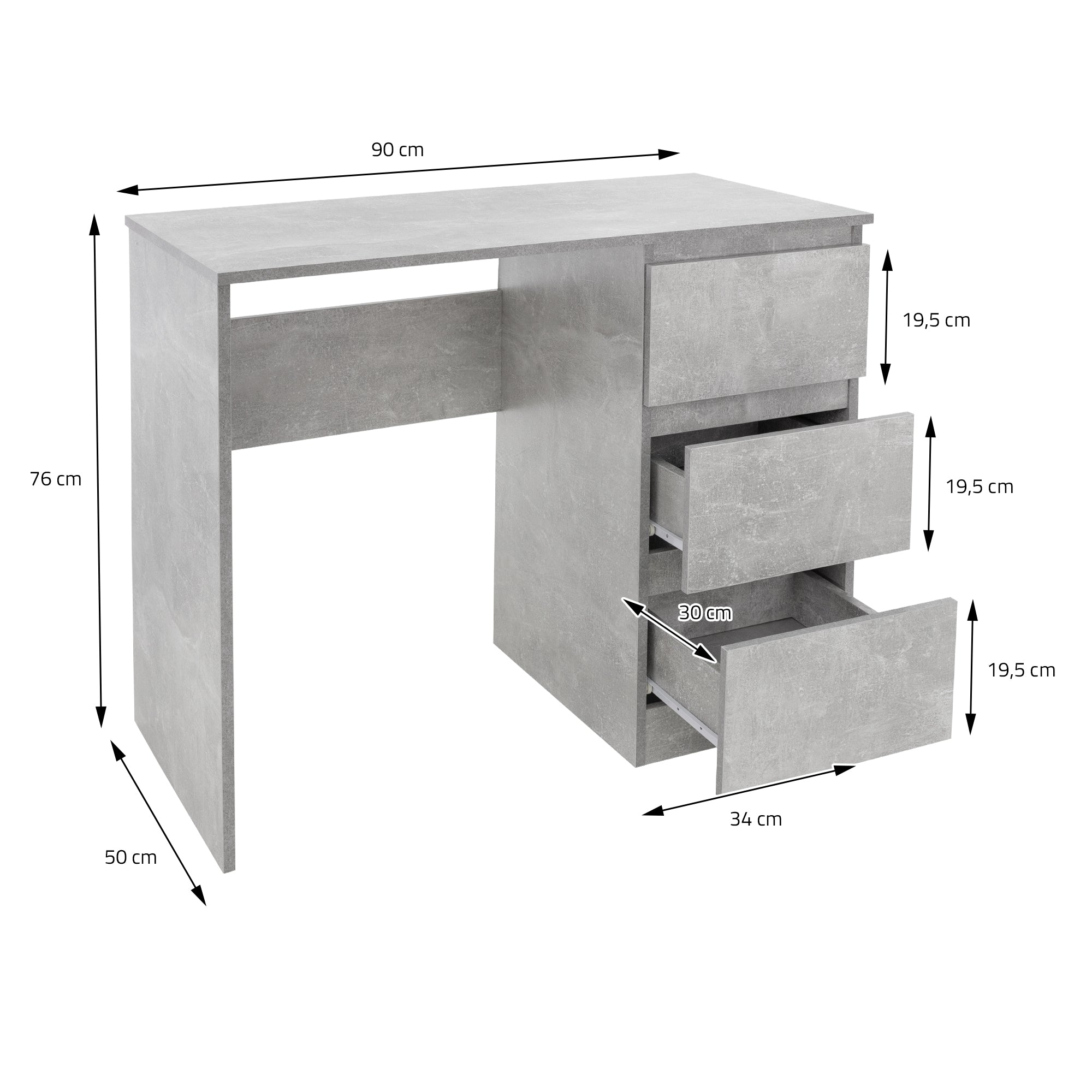 ECD Germany Möbel Bureau 3 Tiroirs Gris Bois 90x76x50 cm