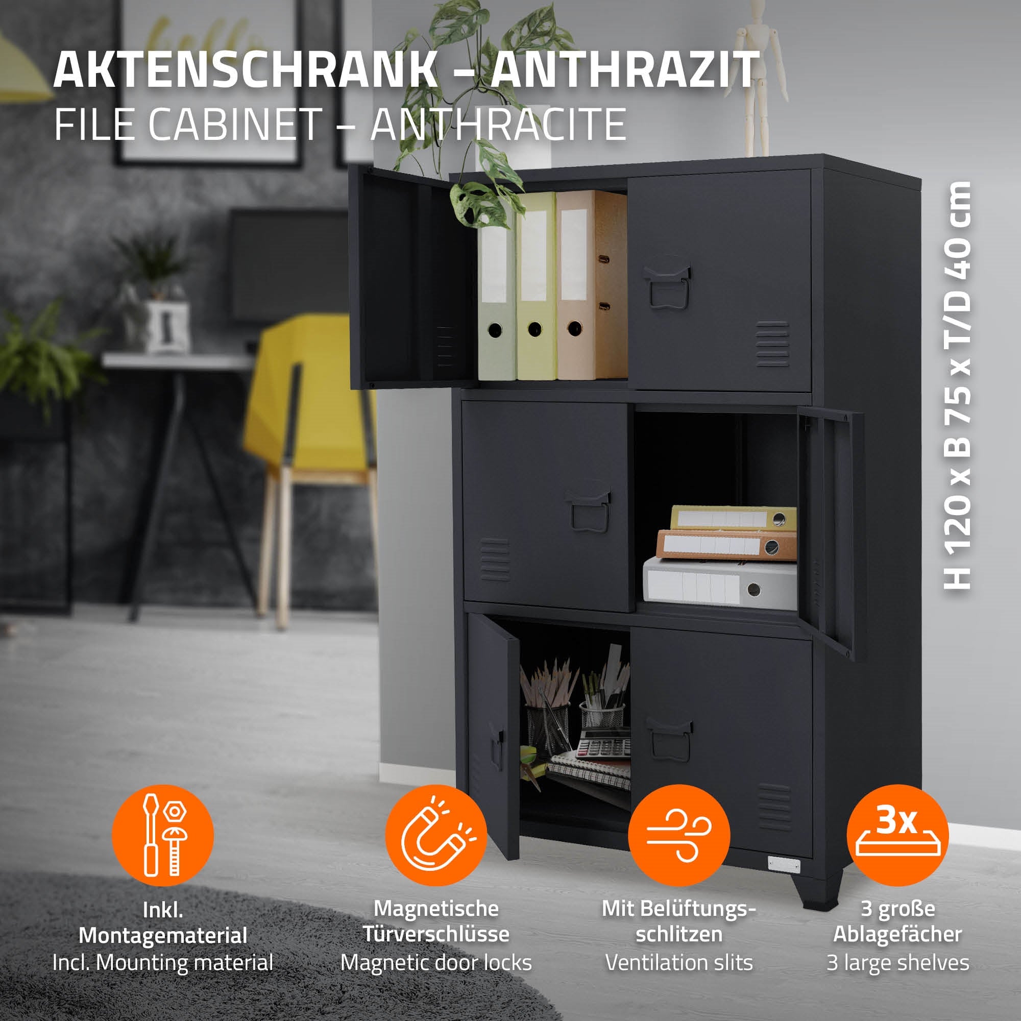 ECD Germany armoire bureau anthracite 75x40x120 cm acier 3 cases