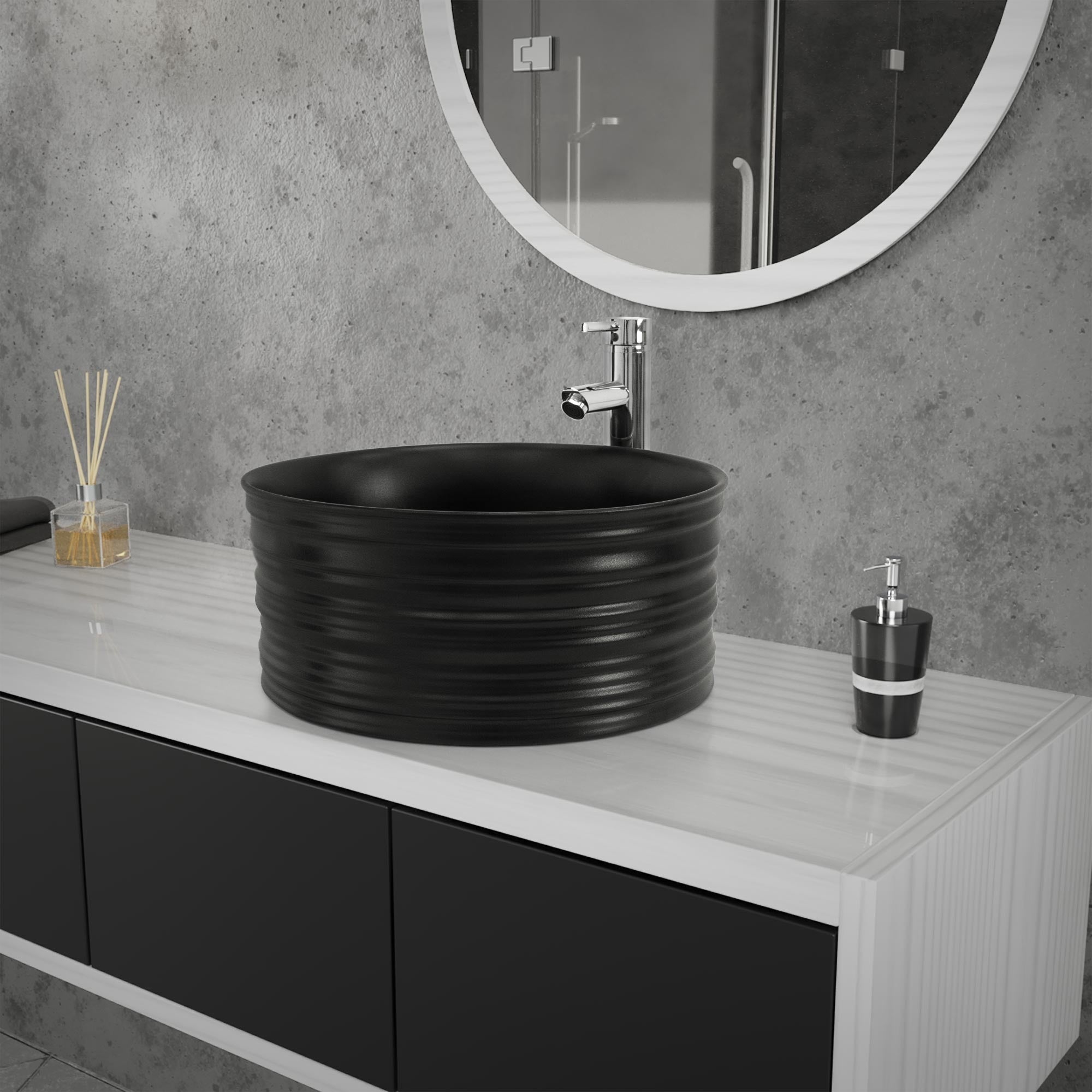 ECD Lavabo noir céramique Ø41x18 cm avec bonde sans trop-plein