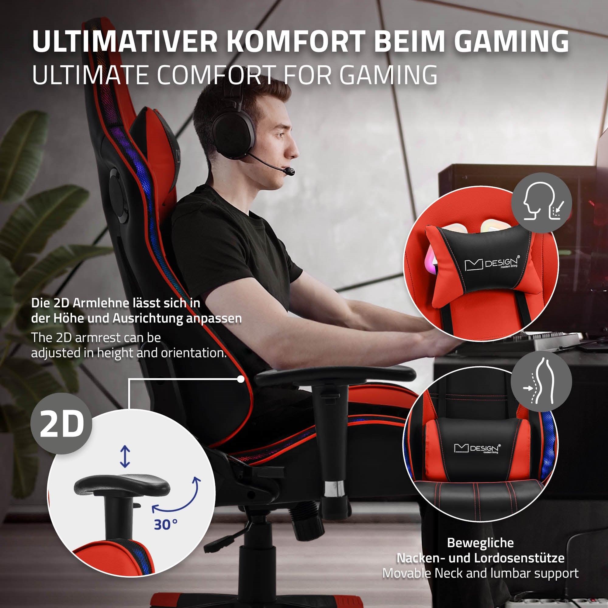 ML-Design chaise gaming similicuir noir rouge LED Bluetooth B-Ware