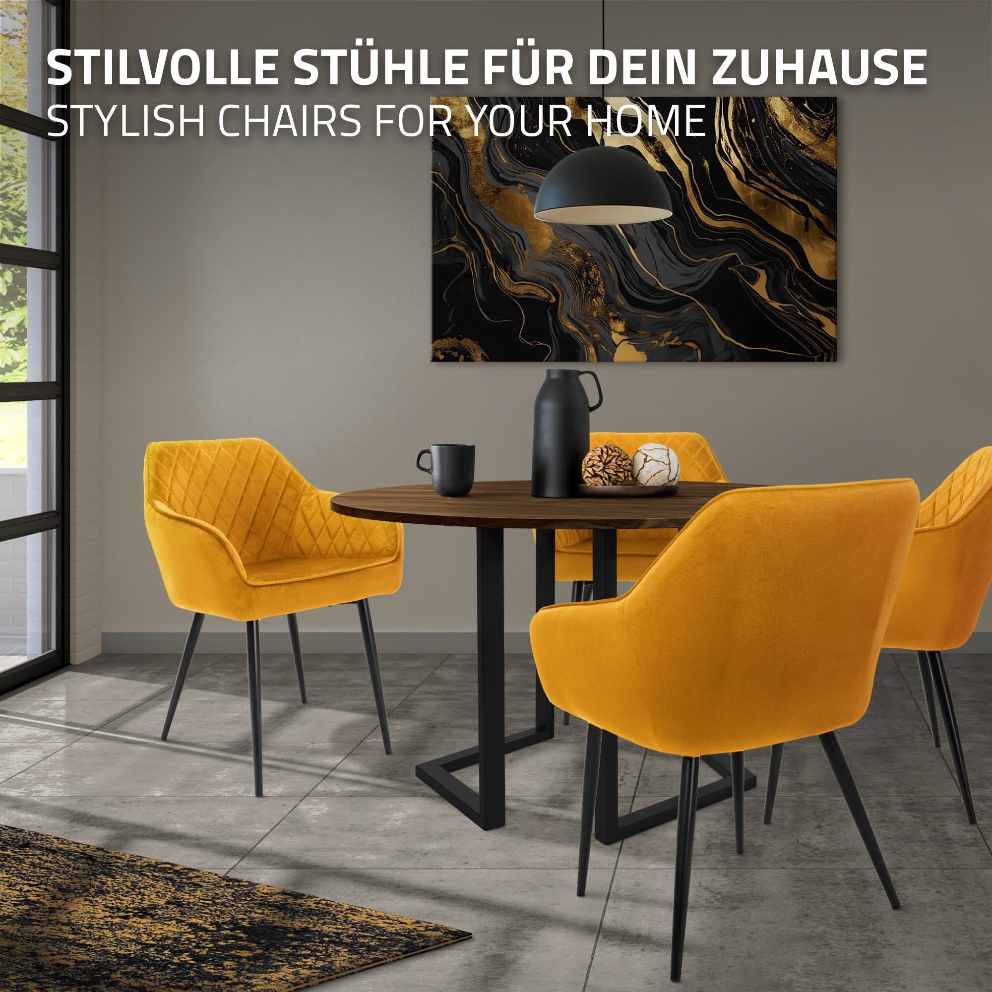 ECD Germany ML-Design chaise velours moutarde 49 cm lot de 2