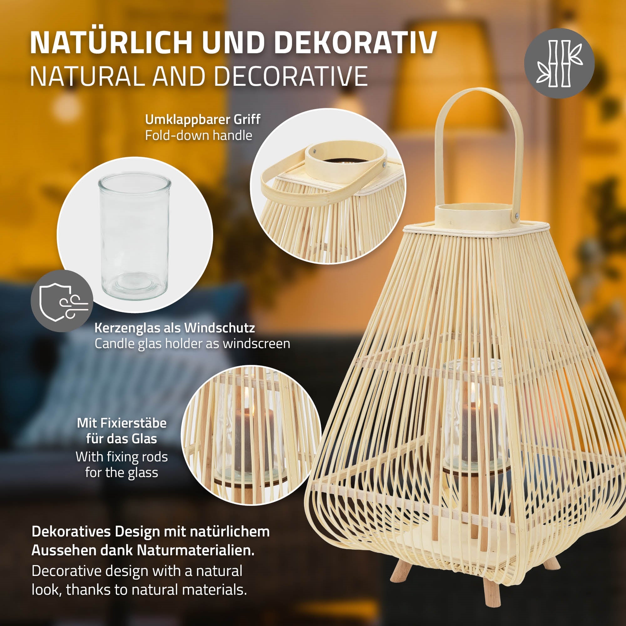 ECD Germany Garten Lanterne bambou carrée 45,5cm nature/gris verre