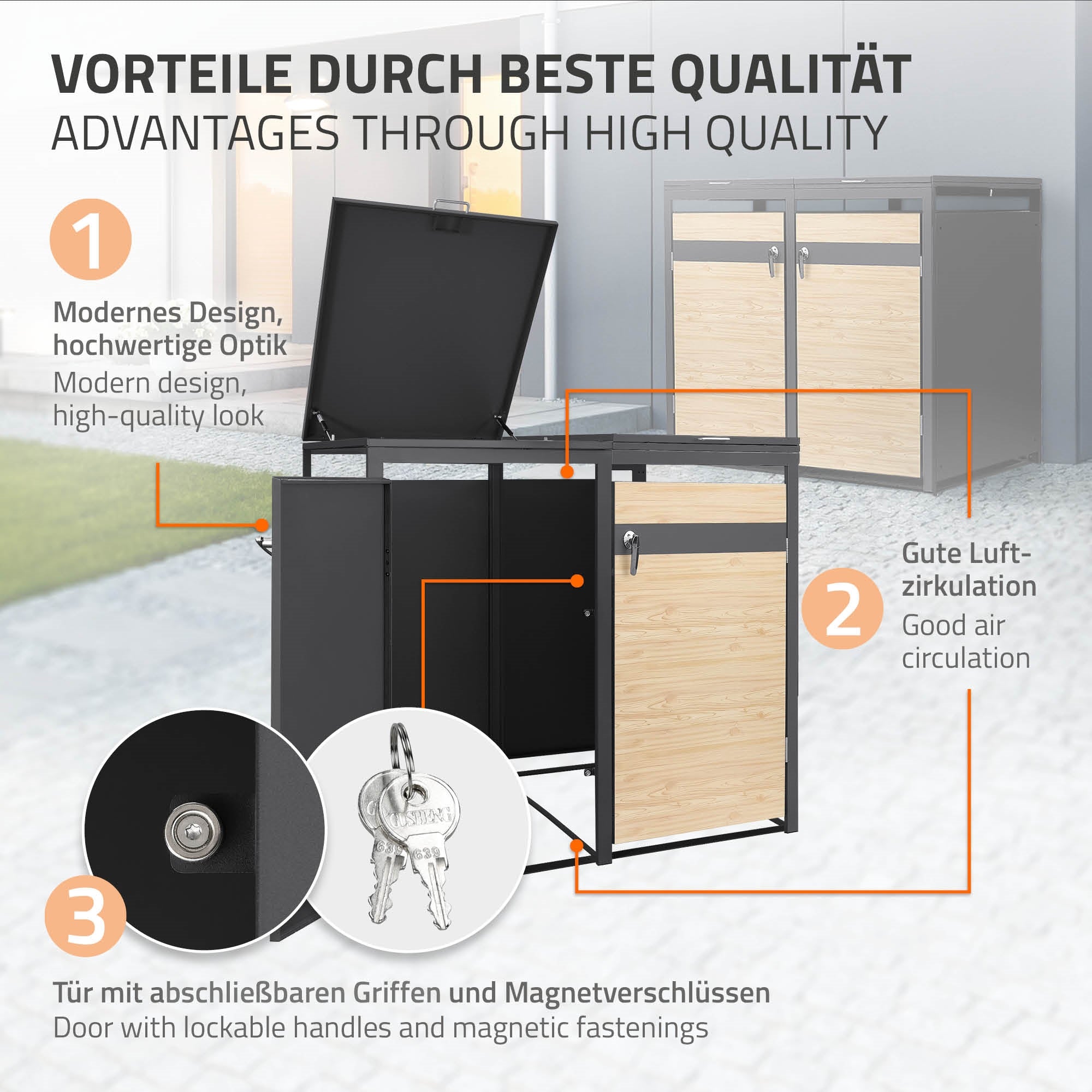 ECD Germany Garten cache-poubelles 3x240L Lärche 200cm acier